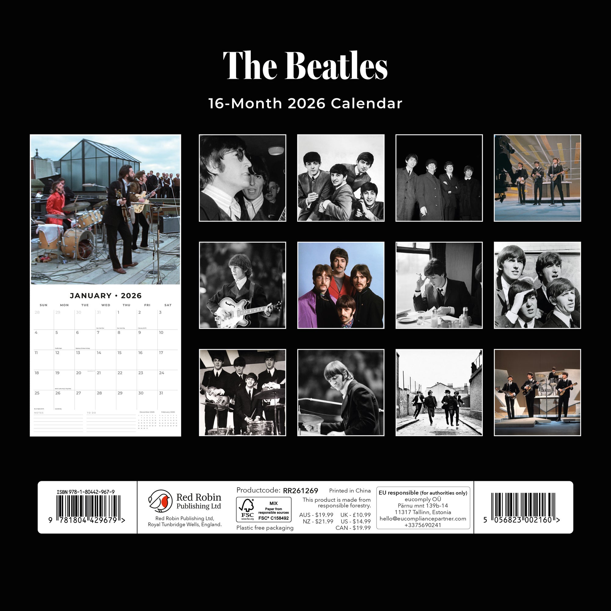 Red Robin 2026 The Beatles Monthly Wall Calendar | 12" x 24" Open | Premium Thick & Sturdy Paper | Hangable 12 Month Calendar | Lined Notes & To Do Area | Vivid Images | Plastic Free