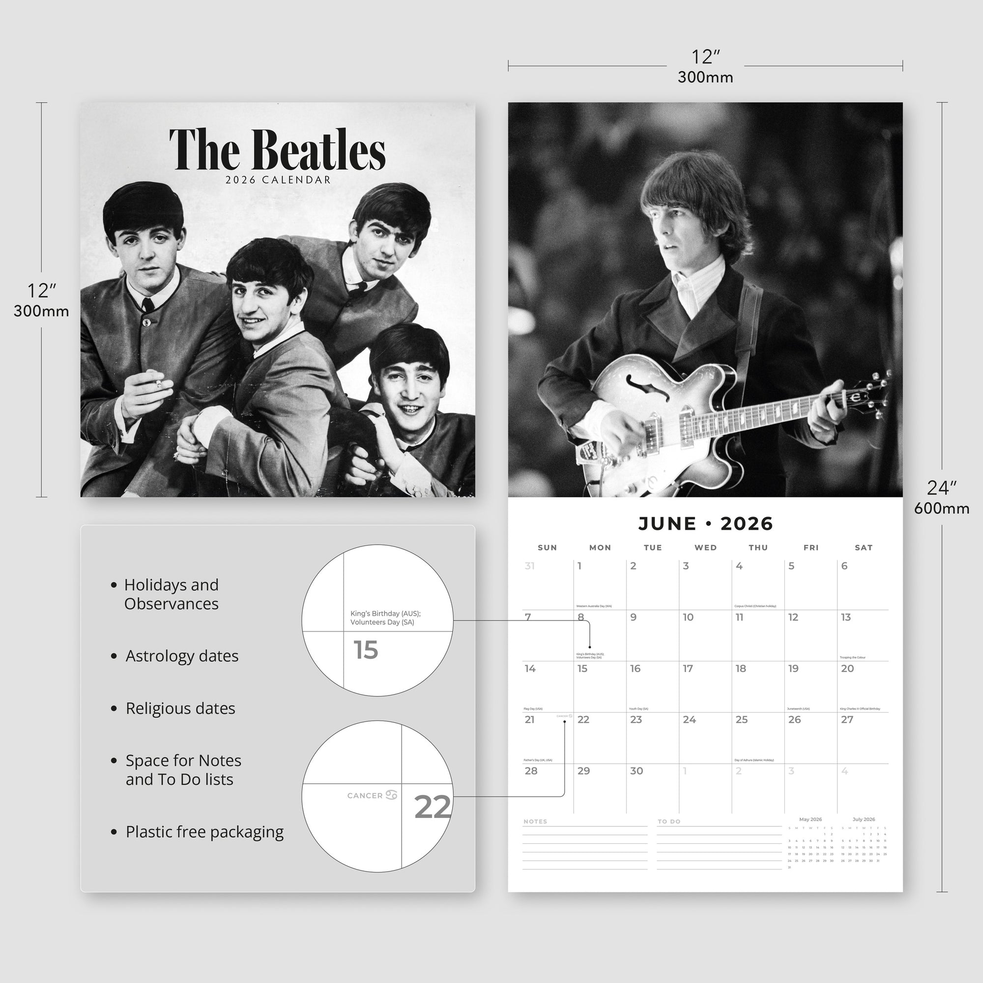 Red Robin 2026 The Beatles Monthly Wall Calendar | 12" x 24" Open | Premium Thick & Sturdy Paper | Hangable 12 Month Calendar | Lined Notes & To Do Area | Vivid Images | Plastic Free
