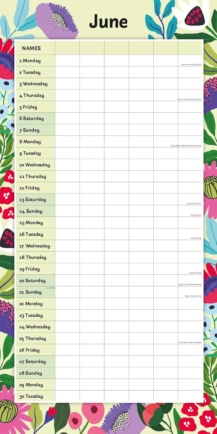 Red Robin 2026 Floral Family Organiser Monthly Wall Calendar | 12" x 24" Open | Premium Thick & Sturdy Paper | Hangable 12 Month Calendar | Lined Notes & To Do Area | Vivid Images | Plastic Free