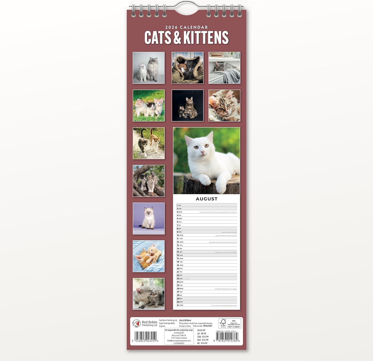 Red Robin 2026 Cats & Kittens Monthly Slim Calendar | 6" x 16" Open | Premium Thick & Sturdy Paper | Tall Hangable 12 Month Calendar | Vivid Images | Plastic Free | Wire Spiral