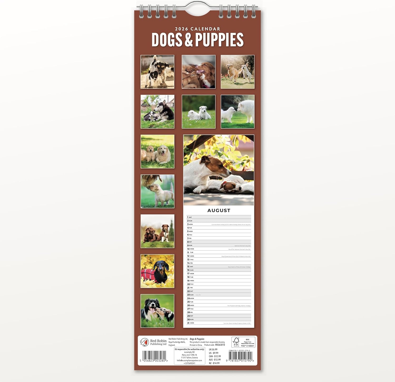 Red Robin 2026 Dogs & Puppies Monthly Slim Calendar | 6" x 16" Open | Premium Thick & Sturdy Paper | Tall Hangable 12 Month Calendar | Vivid Images | Plastic Free | Wire Spiral