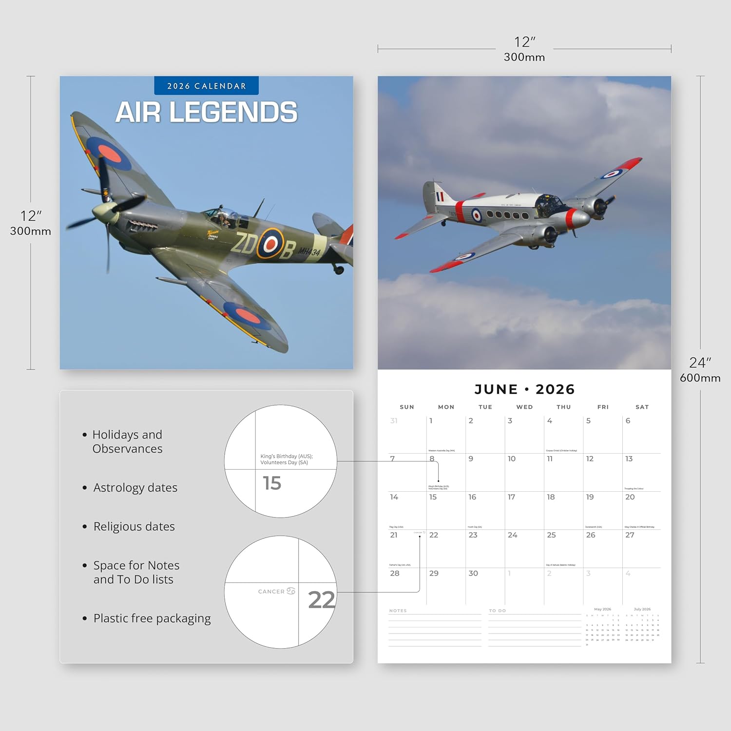 Red Robin 2026 Air Legends Monthly Wall Calendar | 12" x 24" Open | Premium Thick & Sturdy Paper | Hangable 12 Month Calendar | Lined Notes & To Do Area | Vivid Images | Plastic Free