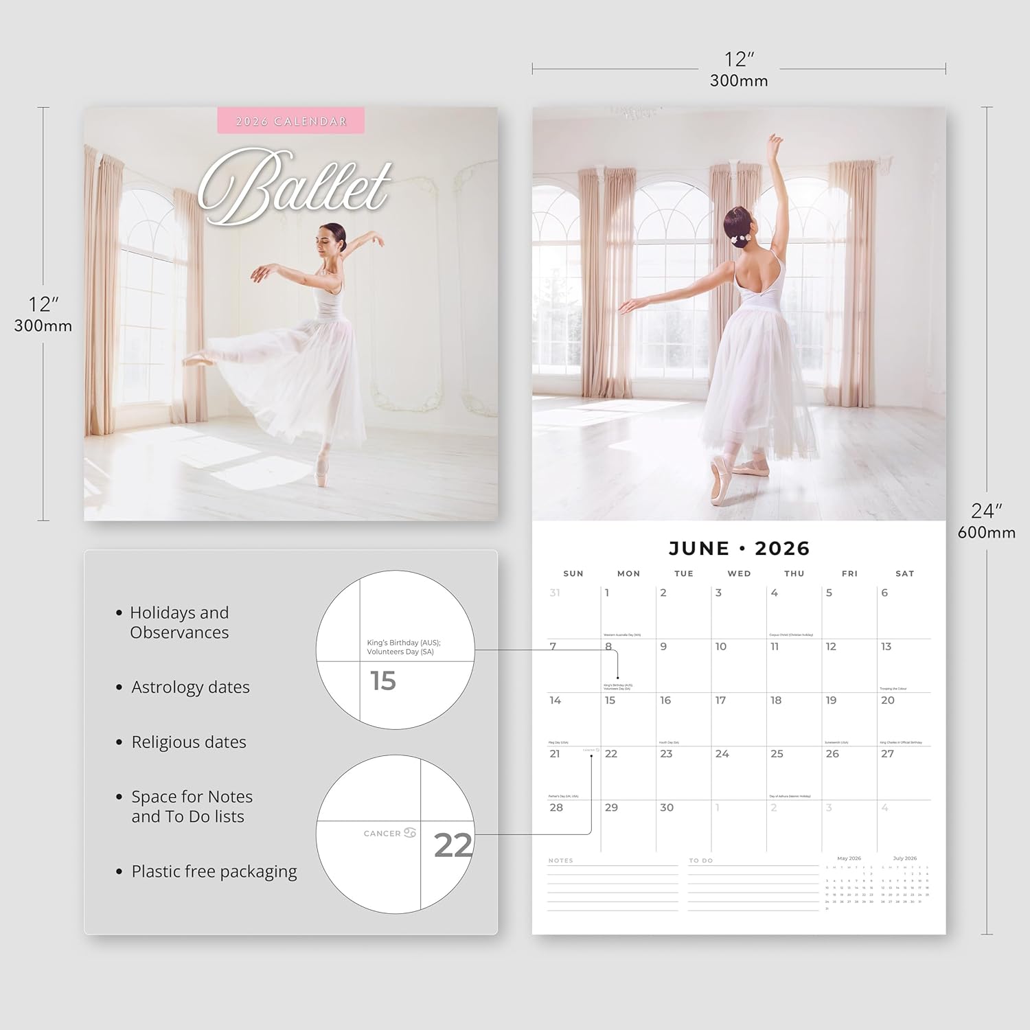 Red Robin 2026 Ballet Monthly Wall Calendar | 12" x 24" Open | Premium Thick & Sturdy Paper | Hangable 12 Month Calendar | Lined Notes & To Do Area | Vivid Images | Plastic Free