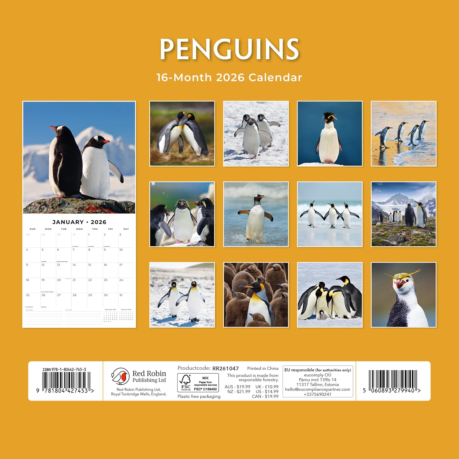 Red Robin 2026 Penguins Monthly Wall Calendar | 12" x 24" Open | Premium Thick & Sturdy Paper | Hangable 12 Month Calendar | Lined Notes & To Do Area | Vivid Images | Plastic Free