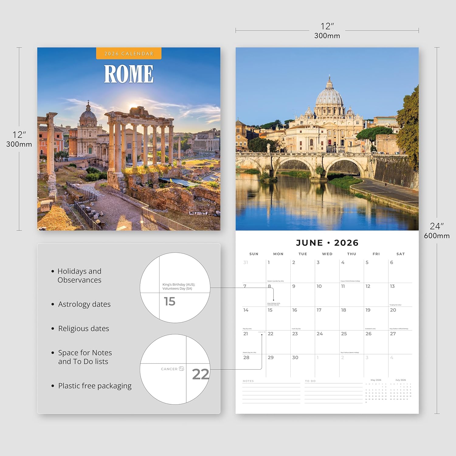Red Robin 2026 Rome Monthly Wall Calendar | 12" x 24" Open | Premium Thick & Sturdy Paper | Hangable 12 Month Calendar | Lined Notes & To Do Area | Vivid Images | Plastic Free