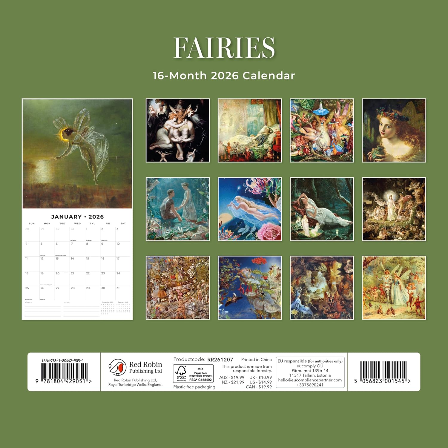 Red Robin 2026 Fairies Monthly Wall Calendar | 12" x 24" Open | Premium Thick & Sturdy Paper | Hangable 12 Month Calendar | Lined Notes & To Do Area | Vivid Images | Plastic Free