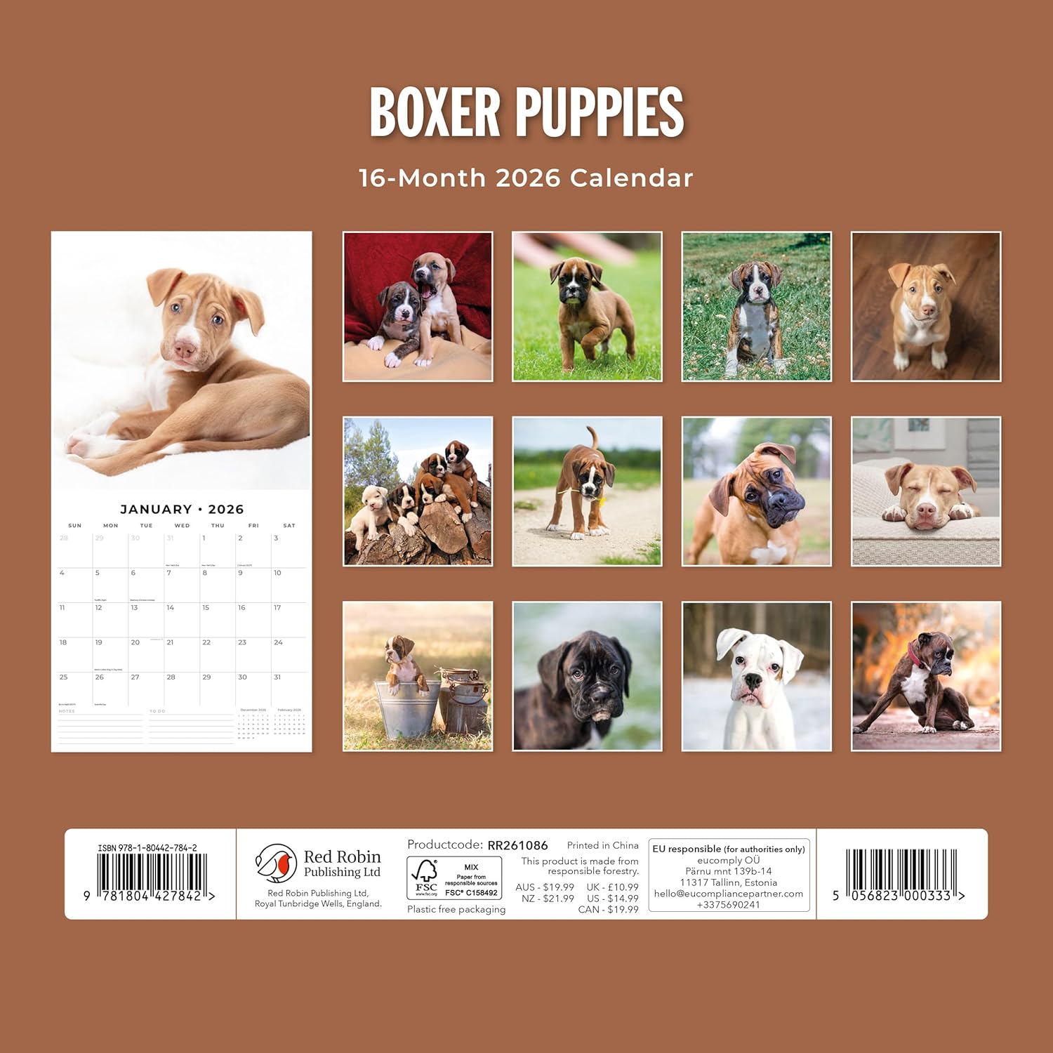 Red Robin 2026 Boxer Puppies Monthly Wall Calendar | 12" x 24" Open | Premium Thick & Sturdy Paper | Hangable 12 Month Calendar | Lined Notes & To Do Area | Vivid Images | Plastic Free