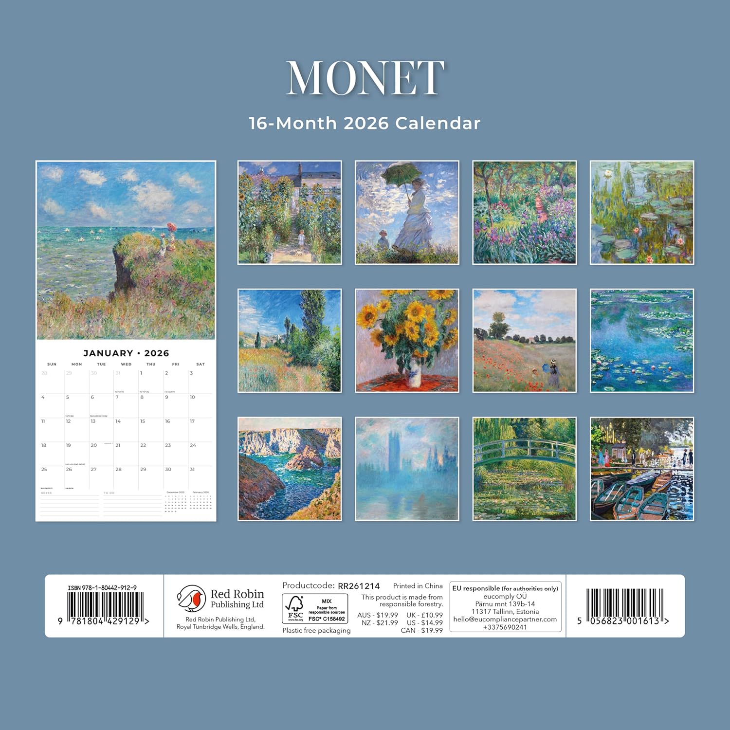 Red Robin 2026 Monet Monthly Wall Calendar | 12" x 24" Open | Premium Thick & Sturdy Paper | Hangable 12 Month Calendar | Lined Notes & To Do Area | Vivid Images | Plastic Free