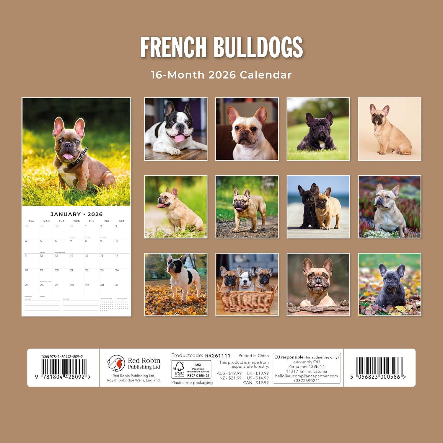 Red Robin 2026 French Bulldogs Monthly Wall Calendar | 12" x 24" Open | Premium Thick & Sturdy Paper | Hangable 12 Month Calendar | Lined Notes & To Do Area | Vivid Images | Plastic Free