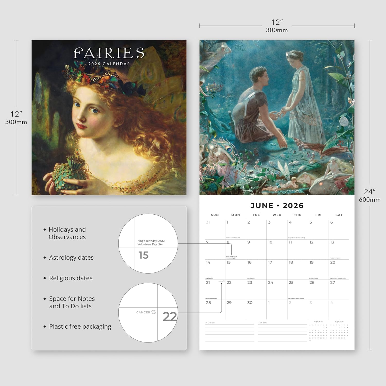 Red Robin 2026 Fairies Monthly Wall Calendar | 12" x 24" Open | Premium Thick & Sturdy Paper | Hangable 12 Month Calendar | Lined Notes & To Do Area | Vivid Images | Plastic Free