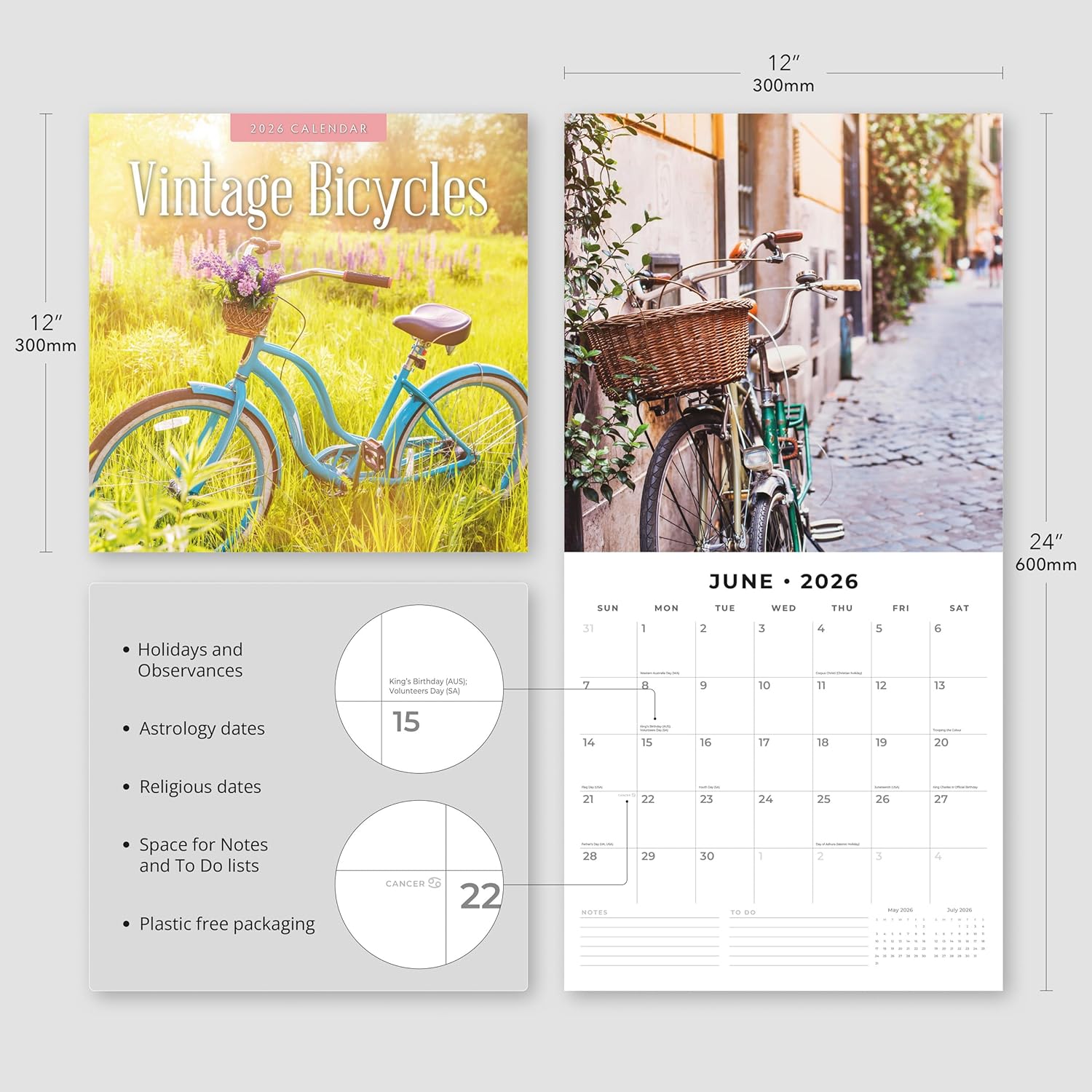 Red Robin 2026 Vintage Bicycles Monthly Wall Calendar | 12" x 24" Open | Premium Thick & Sturdy Paper | Hangable 12 Month Calendar | Lined Notes & To Do Area | Vivid Images | Plastic Free