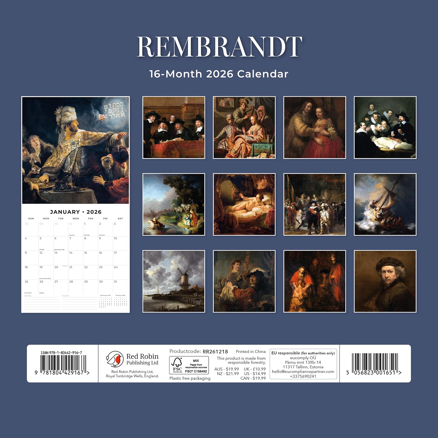Red Robin 2026 Rembrandt Monthly Wall Calendar | 12" x 24" Open | Premium Thick & Sturdy Paper | Hangable 12 Month Calendar | Lined Notes & To Do Area | Vivid Images | Plastic Free