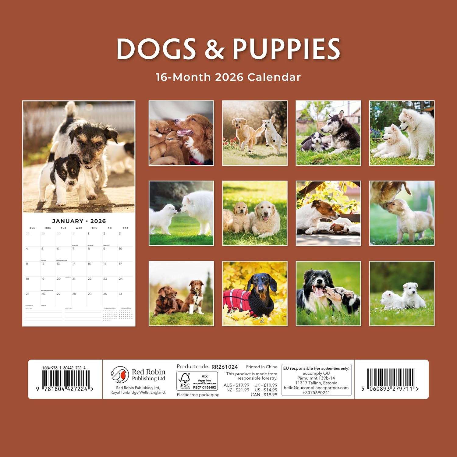 Red Robin 2026 Dogs & Puppies Monthly Wall Calendar | 12" x 24" Open | Premium Thick & Sturdy Paper | Hangable 12 Month Calendar | Lined Notes & To Do Area | Vivid Images | Plastic Free