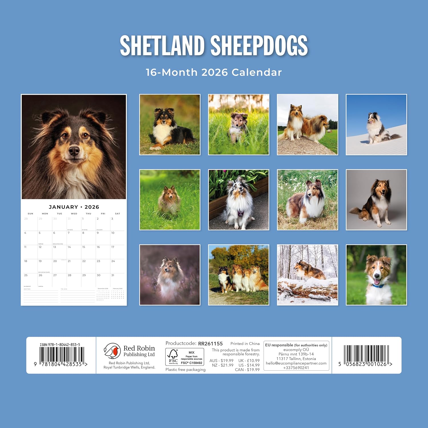 Red Robin 2026 Shetland Sheepdogs Monthly Wall Calendar | 12" x 24" Open | Premium Thick & Sturdy Paper | Hangable 12 Month Calendar | Lined Notes & To Do Area | Vivid Images | Plastic Free