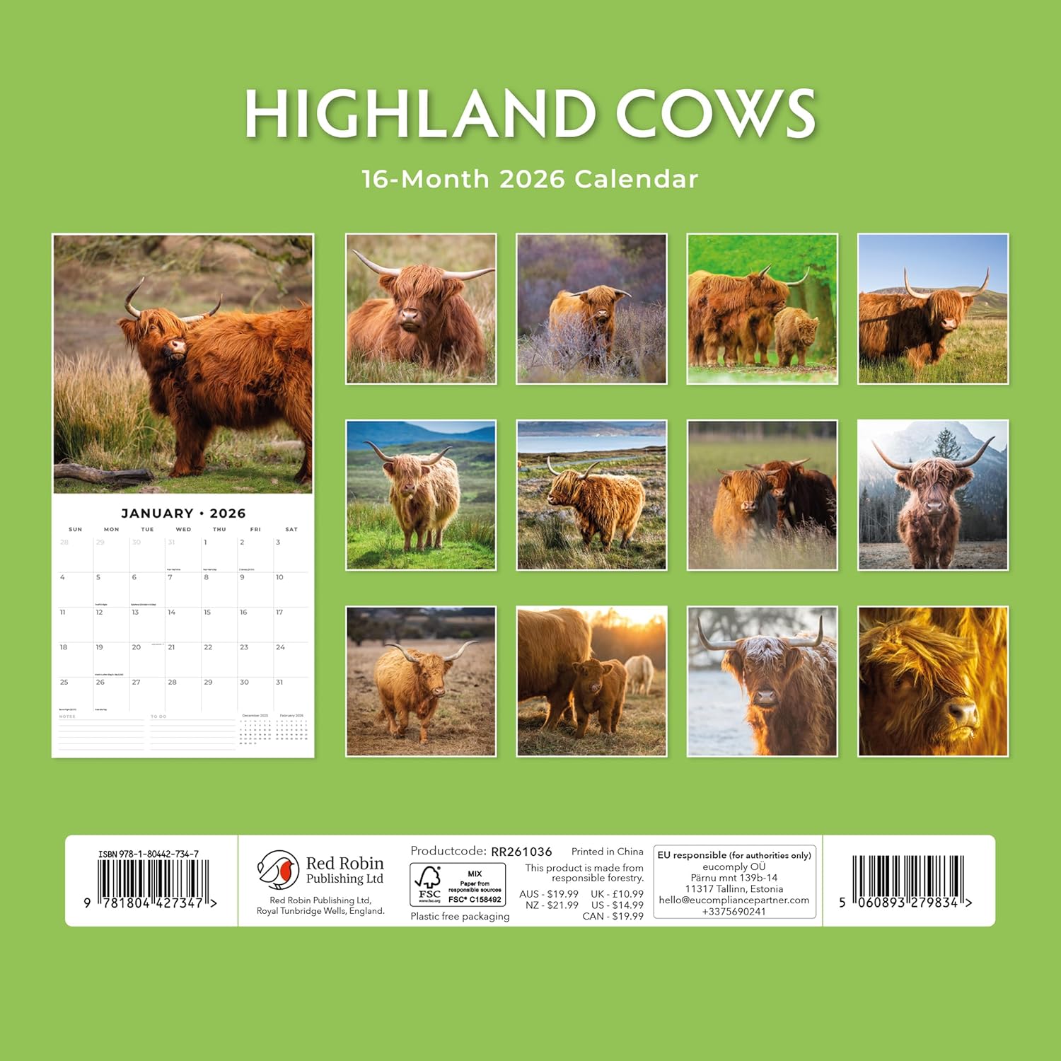 Red Robin 2026 Highland Cows Monthly Wall Calendar | 12" x 24" Open | Premium Thick & Sturdy Paper | Hangable 12 Month Calendar | Lined Notes & To Do Area | Vivid Images | Plastic Free
