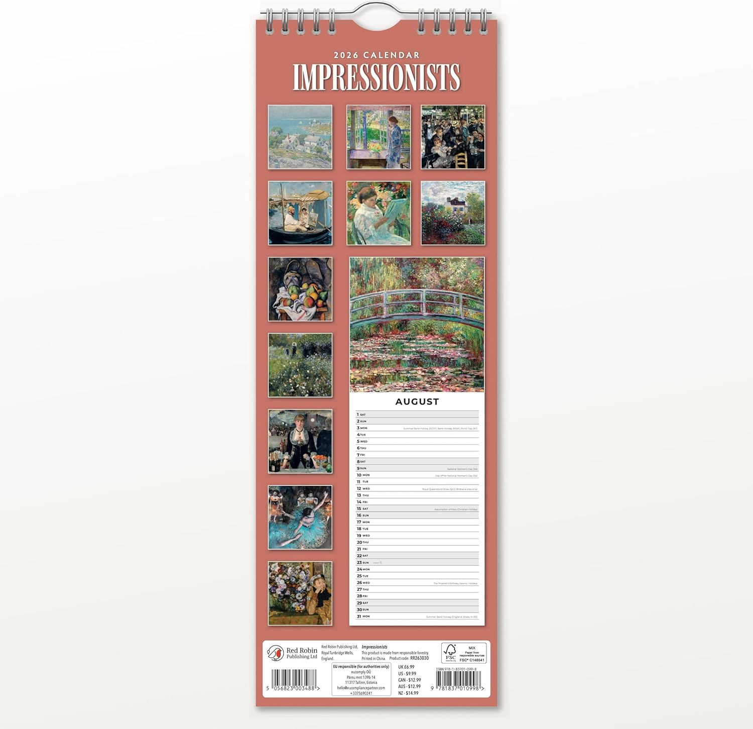 Red Robin 2026 Impressionists Monthly Slim Calendar | 6" x 16" Open | Premium Thick & Sturdy Paper | Tall Hangable 12 Month Calendar | Vivid Images | Plastic Free | Wire Spiral