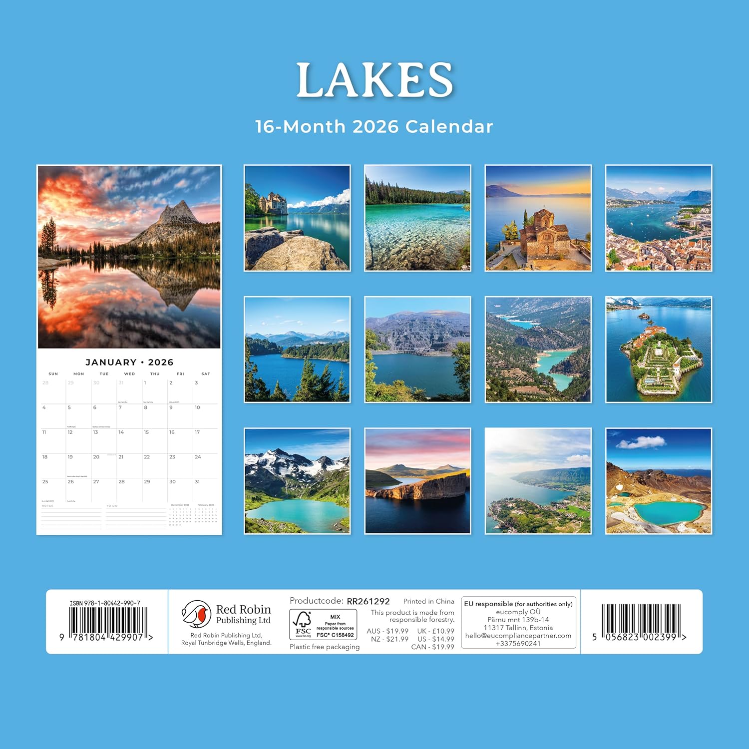 Red Robin 2026 Lakes Monthly Wall Calendar | 12" x 24" Open | Premium Thick & Sturdy Paper | Hangable 12 Month Calendar | Lined Notes & To Do Area | Vivid Images | Plastic Free