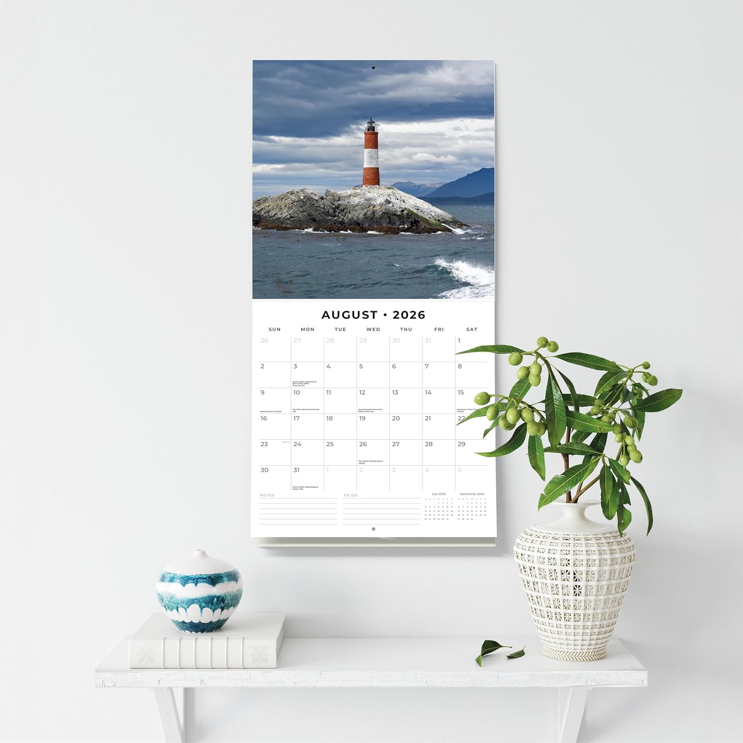 Red Robin 2026 Lighthouses Monthly Wall Calendar | 12" x 24" Open | Premium Thick & Sturdy Paper | Hangable 12 Month Calendar | Lined Notes & To Do Area | Vivid Images | Plastic Free