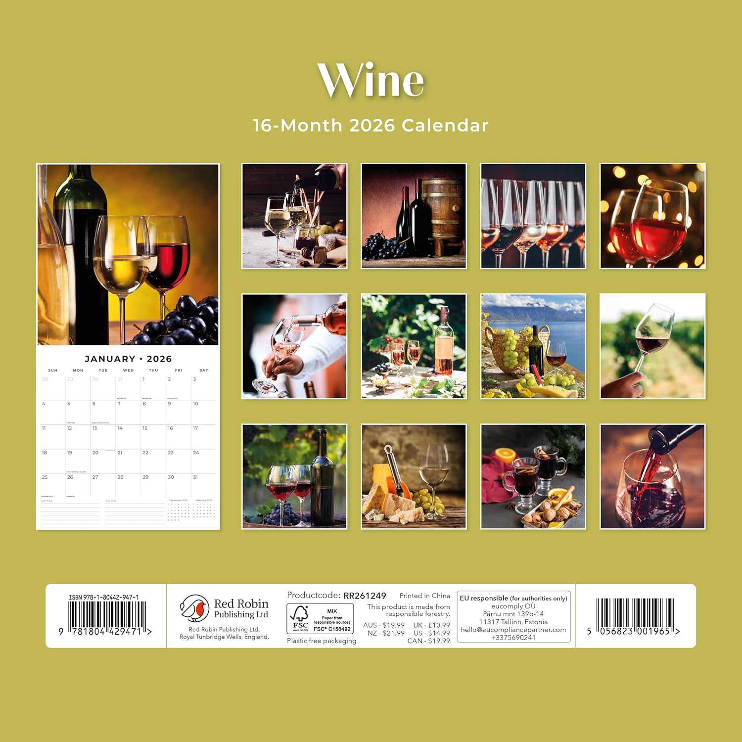 Red Robin 2026 Wine Monthly Wall Calendar | 12" x 24" Open | Premium Thick & Sturdy Paper | Hangable 12 Month Calendar | Lined Notes & To Do Area | Vivid Images | Plastic Free