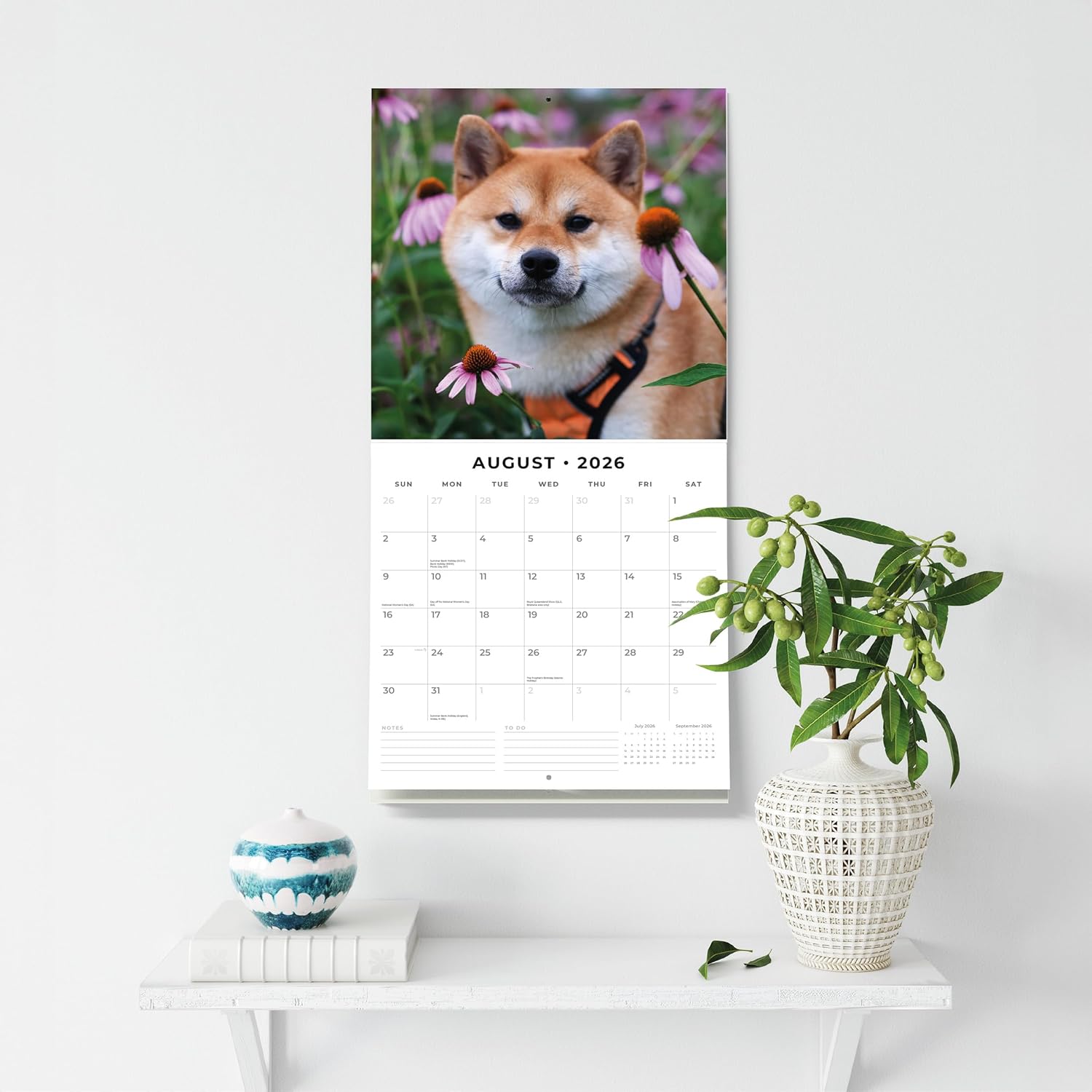 Red Robin 2026 Shiba Inu Monthly Wall Calendar | 12" x 24" Open | Premium Thick & Sturdy Paper | Hangable 12 Month Calendar | Lined Notes & To Do Area | Vivid Images | Plastic Free