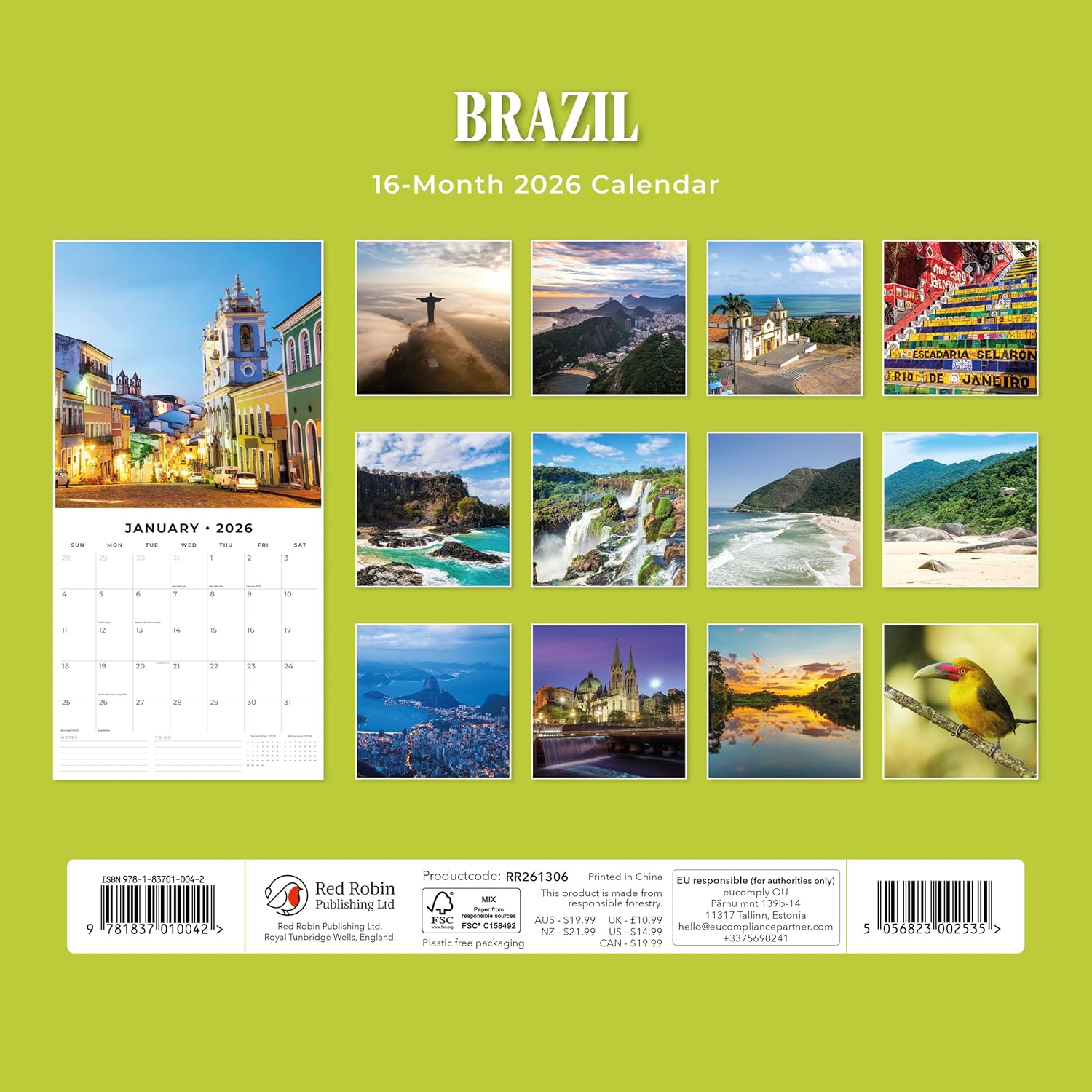 Red Robin 2026 Brazil Monthly Wall Calendar | 12" x 24" Open | Premium Thick & Sturdy Paper | Hangable 12 Month Calendar | Lined Notes & To Do Area | Vivid Images | Plastic Free