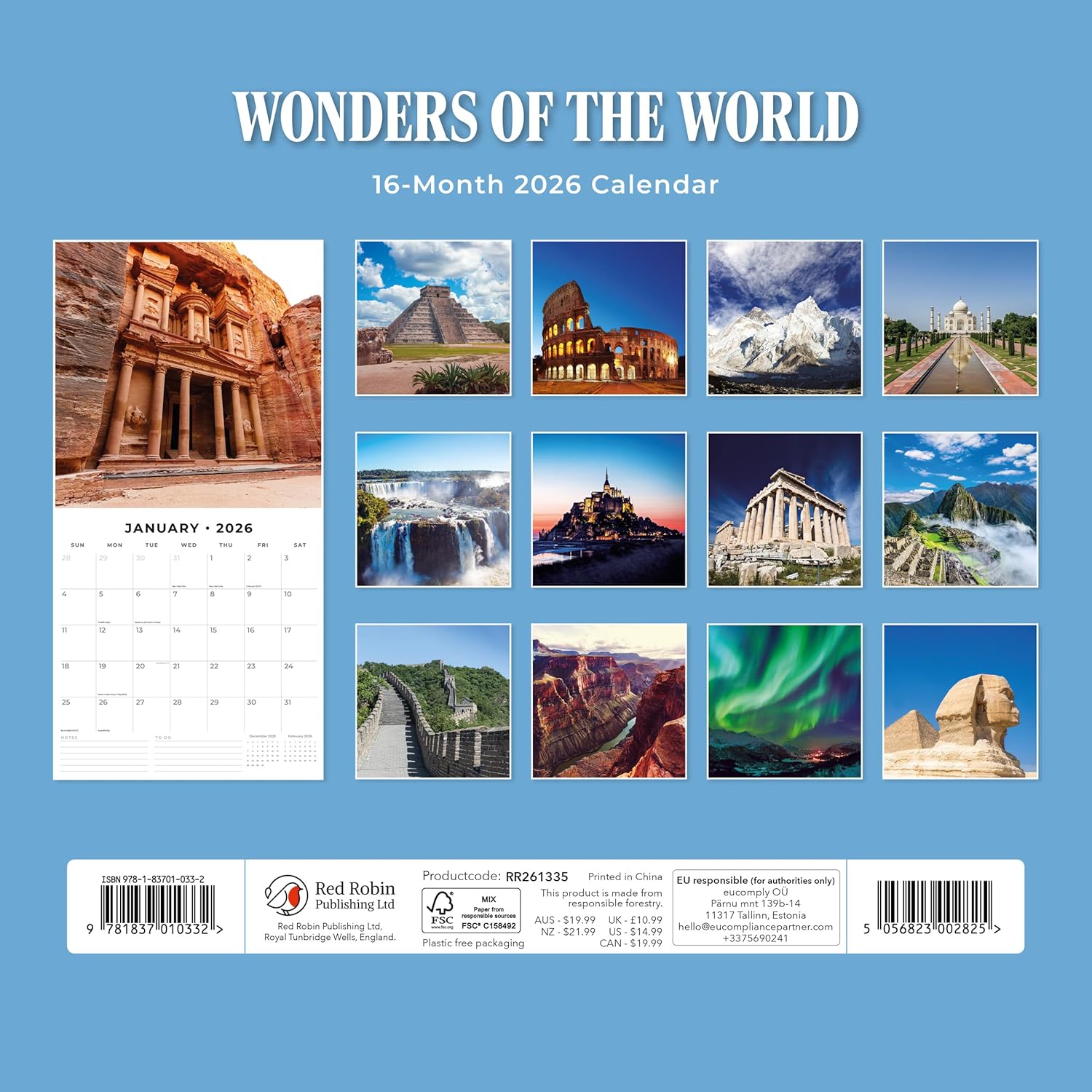 Red Robin 2026 Wonders of the World Monthly Wall Calendar | 12" x 24" Open | Premium Thick & Sturdy Paper | Hangable 12 Month Calendar | Lined Notes & To Do Area | Vivid Images | Plastic Free