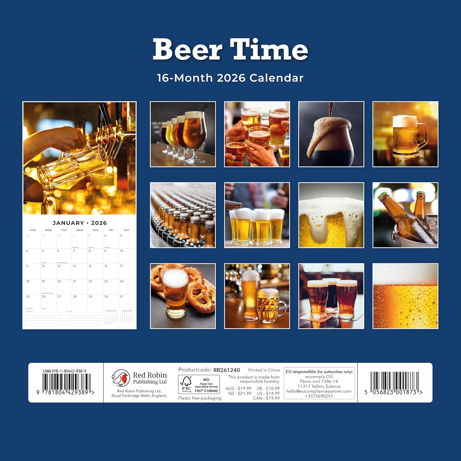 Red Robin 2026 Beer Time Monthly Wall Calendar | 12" x 24" Open | Premium Thick & Sturdy Paper | Hangable 12 Month Calendar | Lined Notes & To Do Area | Vivid Images | Plastic Free