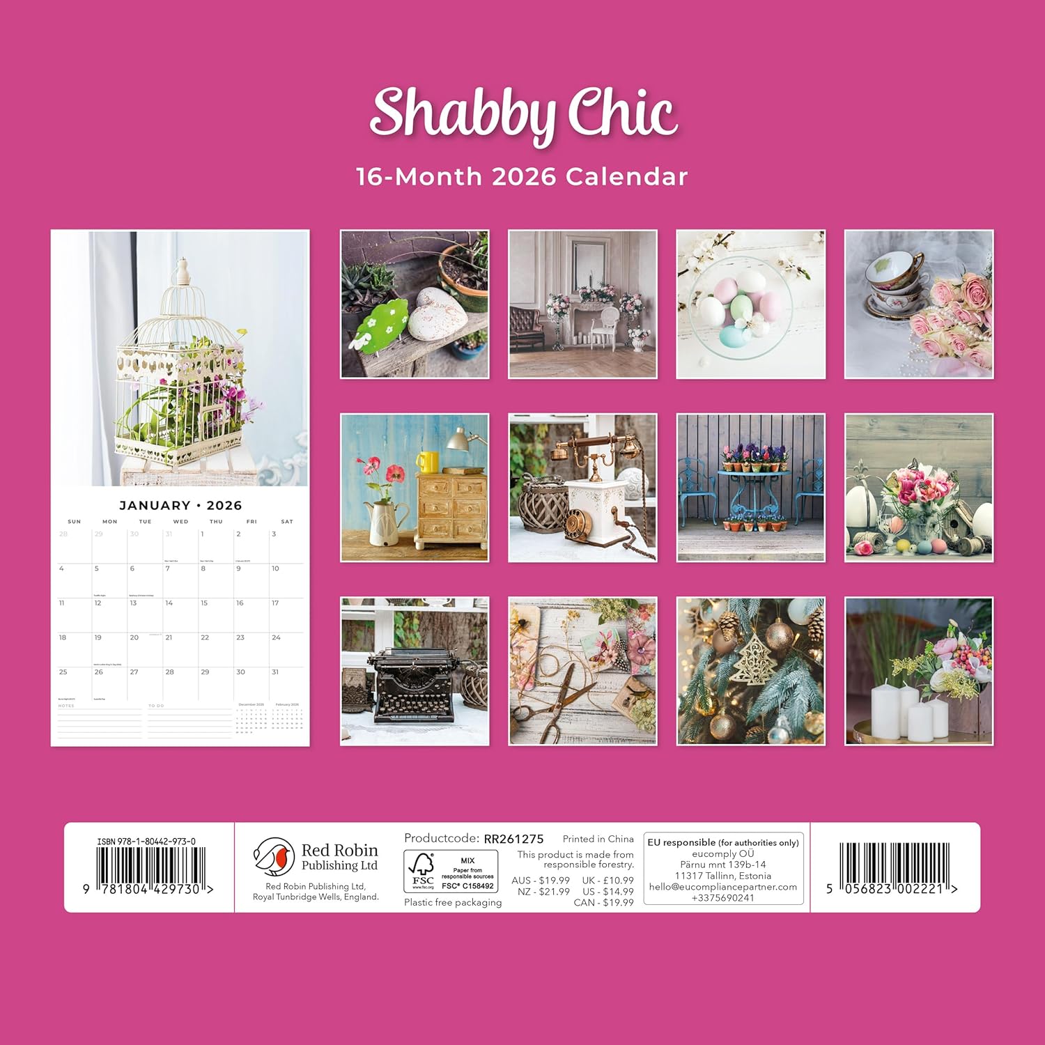 Red Robin 2026 Shabby Chic Monthly Wall Calendar | 12" x 24" Open | Premium Thick & Sturdy Paper | Hangable 12 Month Calendar | Lined Notes & To Do Area | Vivid Images | Plastic Free