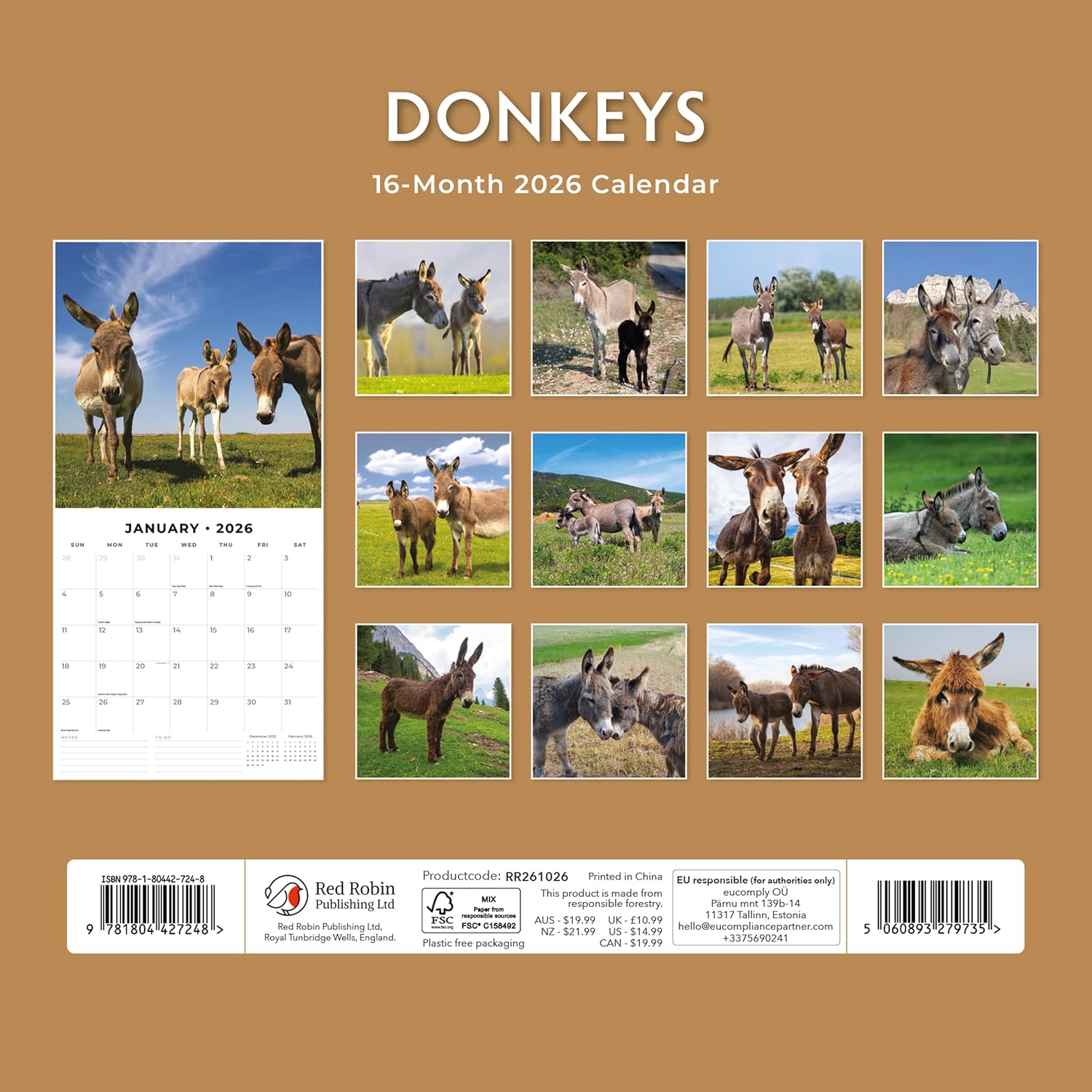 Red Robin 2026 Donkeys Monthly Wall Calendar | 12" x 24" Open | Premium Thick & Sturdy Paper | Hangable 12 Month Calendar | Lined Notes & To Do Area | Vivid Images | Plastic Free
