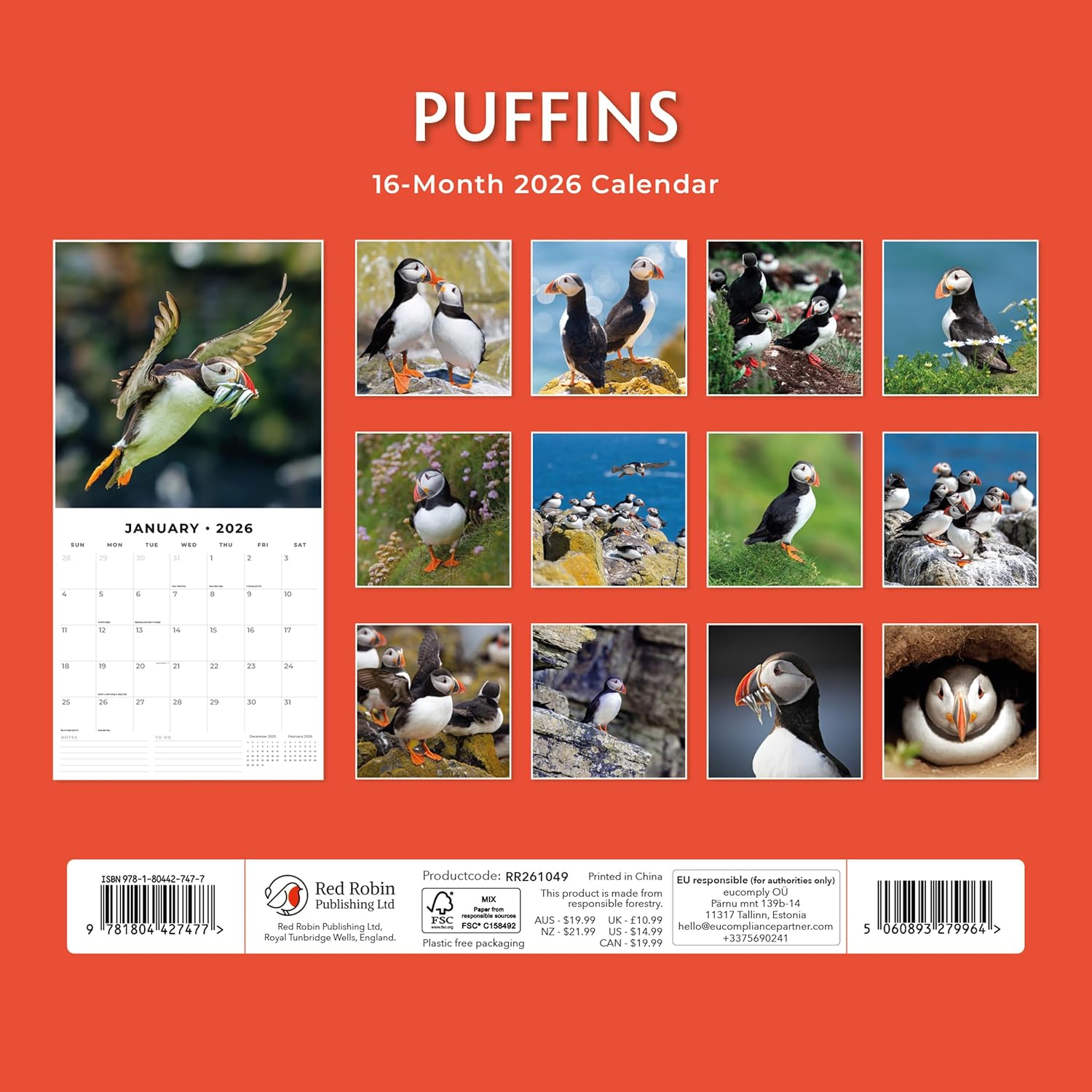 Red Robin 2026 Puffins Monthly Wall Calendar | 12" x 24" Open | Premium Thick & Sturdy Paper | Hangable 12 Month Calendar | Lined Notes & To Do Area | Vivid Images | Plastic Free