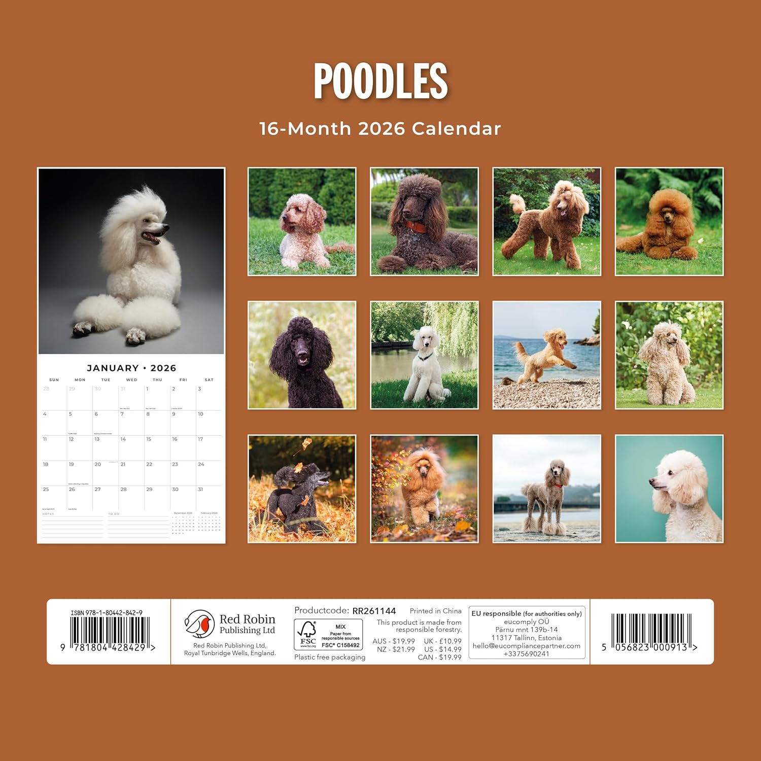 Red Robin 2026 Poodles Monthly Wall Calendar | 12" x 24" Open | Premium Thick & Sturdy Paper | Hangable 12 Month Calendar | Lined Notes & To Do Area | Vivid Images | Plastic Free