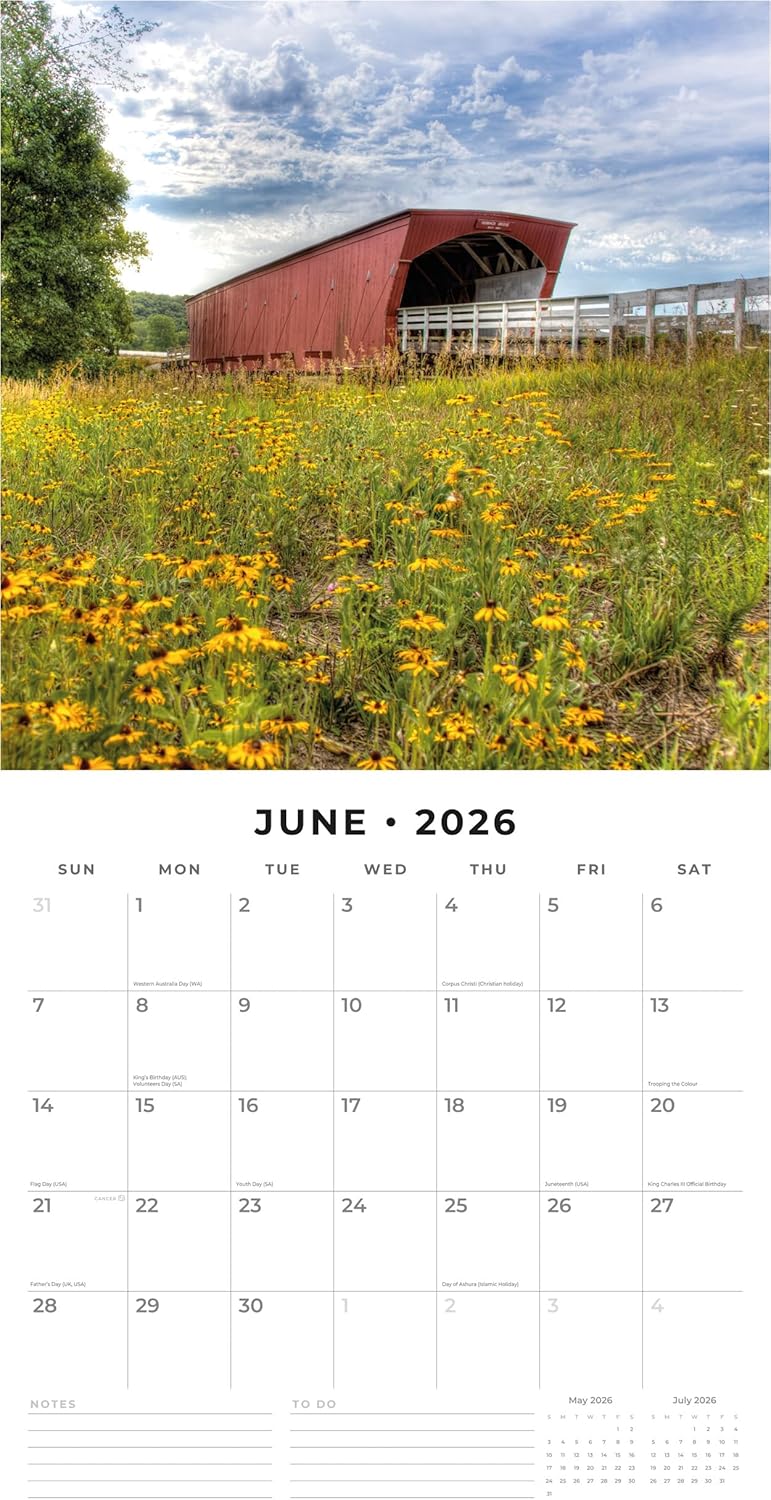 Red Robin 2026 Covered Bridges Monthly Wall Calendar | 12" x 24" Open | Premium Thick & Sturdy Paper | Hangable 12 Month Calendar | Lined Notes & To Do Area | Vivid Images | Plastic Free