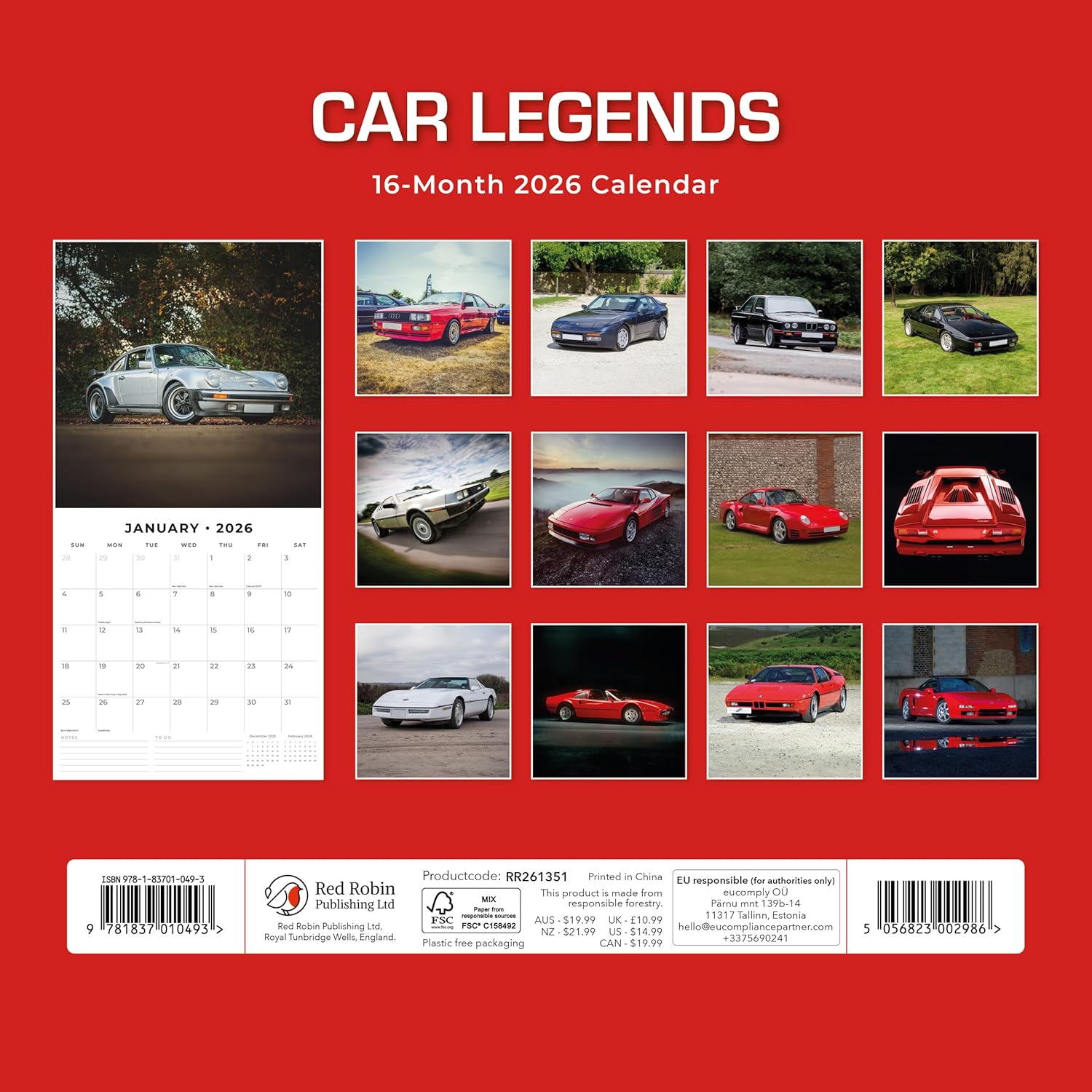 Red Robin 2026 Car Legends Monthly Wall Calendar | 12" x 24" Open | Premium Thick & Sturdy Paper | Hangable 12 Month Calendar | Lined Notes & To Do Area | Vivid Images | Plastic Free
