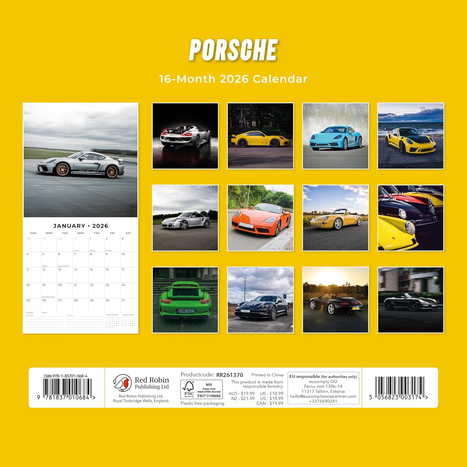 Red Robin 2026 Porsche Monthly Wall Calendar | 12" x 24" Open | Premium Thick & Sturdy Paper | Hangable 12 Month Calendar | Lined Notes & To Do Area | Vivid Images | Plastic Free