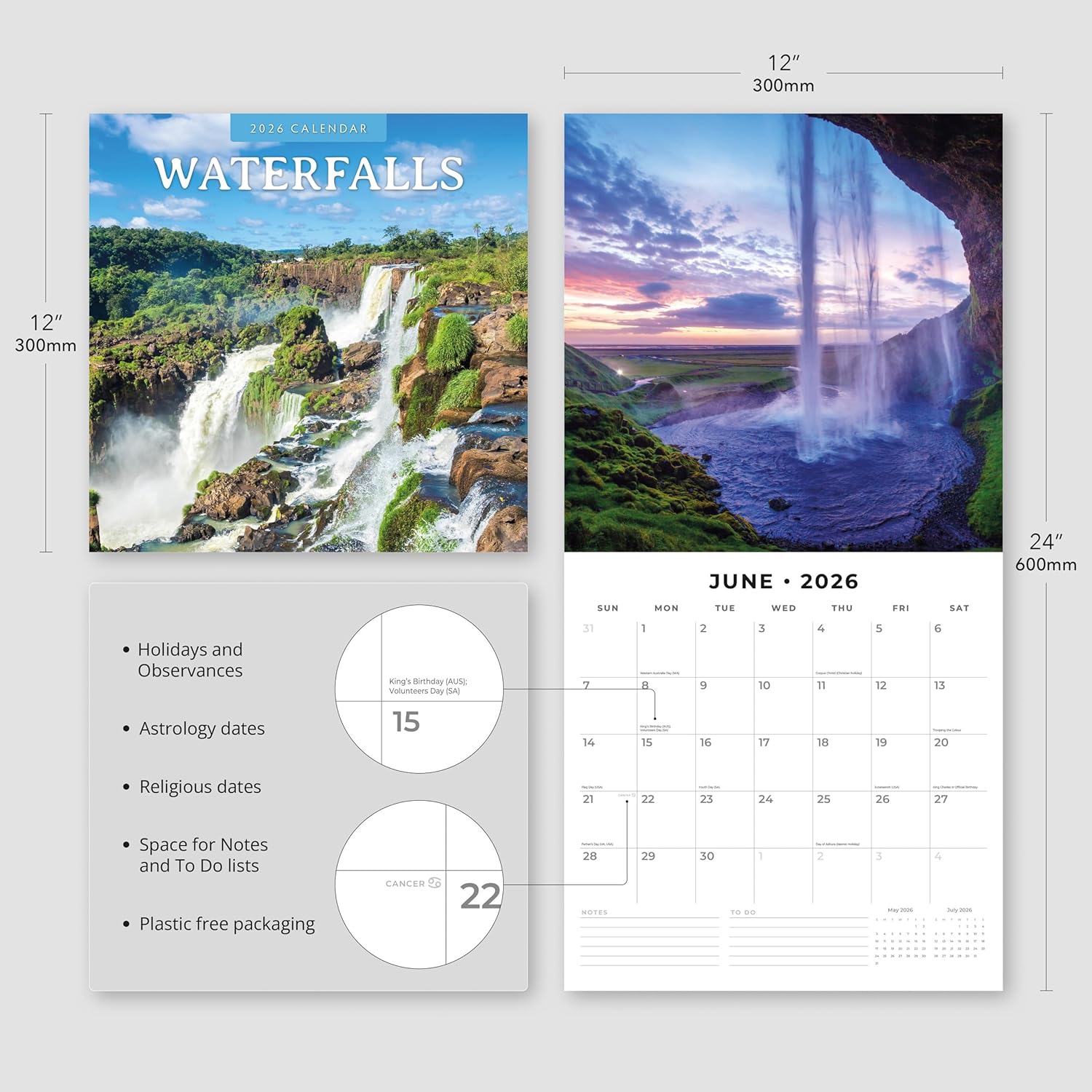 Red Robin 2026 Waterfalls Monthly Wall Calendar | 12" x 24" Open | Premium Thick & Sturdy Paper | Hangable 12 Month Calendar | Lined Notes & To Do Area | Vivid Images | Plastic Free