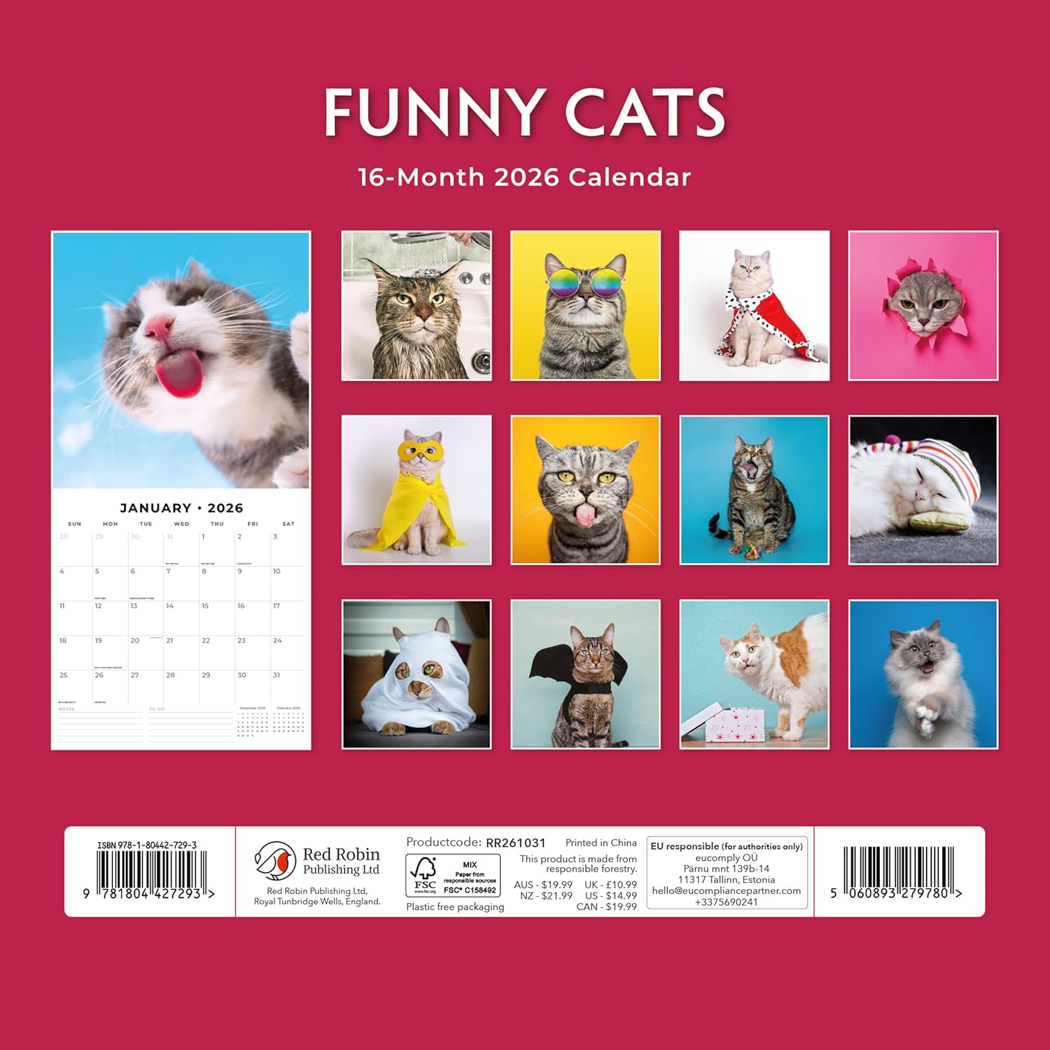 Red Robin 2026 Funny Cats Monthly Wall Calendar | 12" x 24" Open | Premium Thick & Sturdy Paper | Hangable 12 Month Calendar | Lined Notes & To Do Area | Vivid Images | Plastic Free