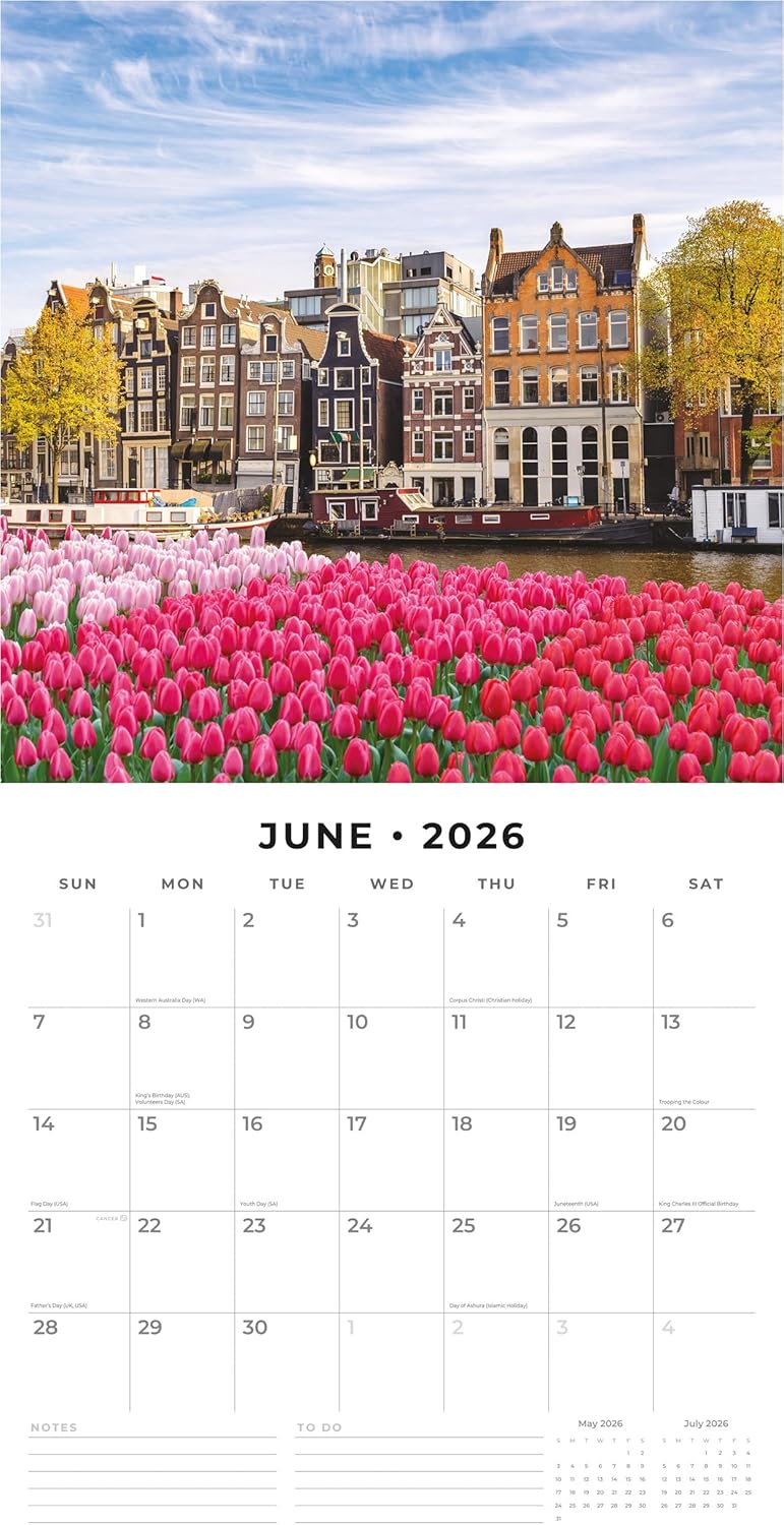 Red Robin 2026 Amsterdam Monthly Wall Calendar | 12" x 24" Open | Premium Thick & Sturdy Paper | Hangable 12 Month Calendar | Lined Notes & To Do Area | Vivid Images | Plastic Free