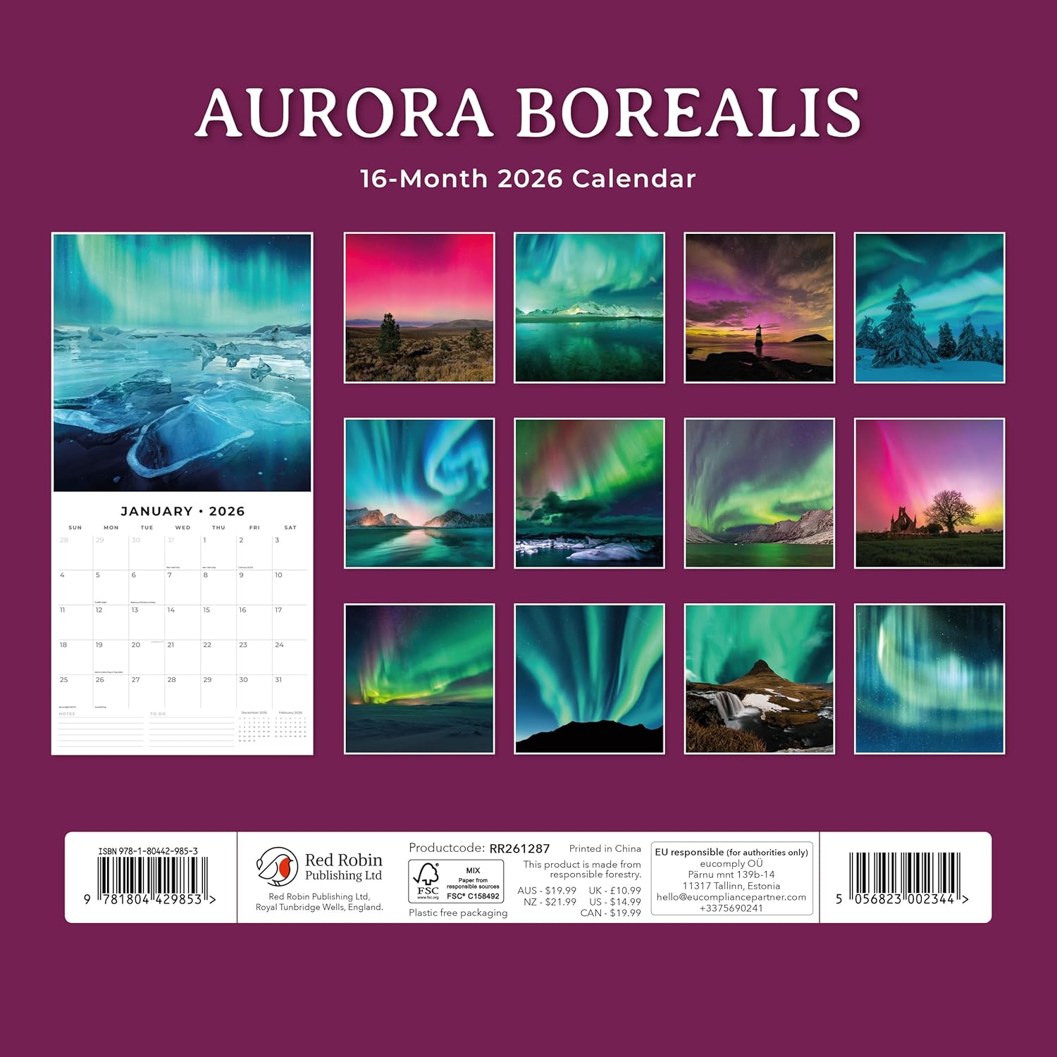 Red Robin 2026 Aurora Boraellis - Northern lights Monthly Wall Calendar | 12" x 24" Open | Premium Thick & Sturdy Paper | Hangable 12 Month Calendar | Lined Notes & To Do Area | Plastic Free