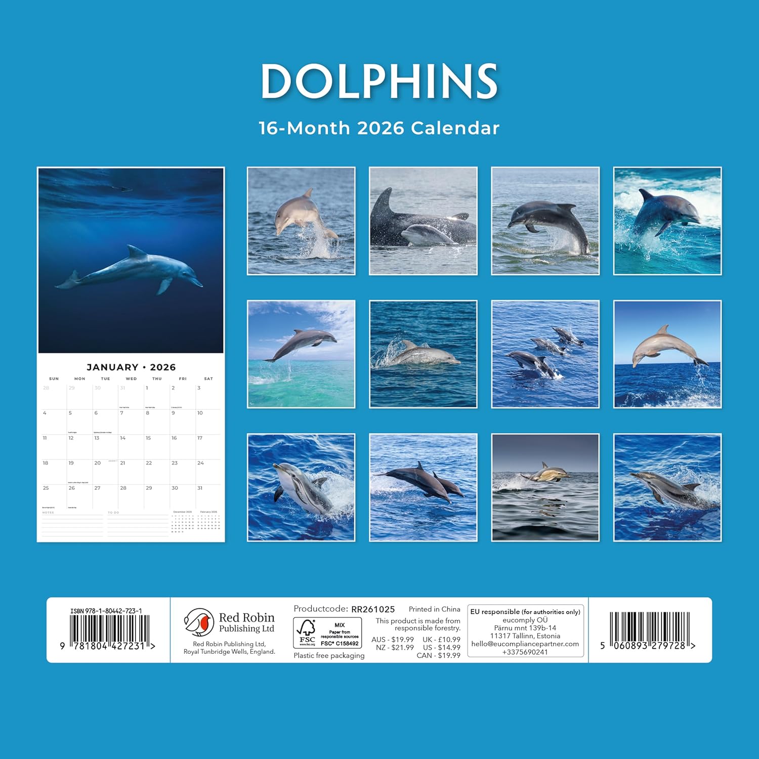 Red Robin 2026 Dolphins Monthly Wall Calendar | 12" x 24" Open | Premium Thick & Sturdy Paper | Hangable 12 Month Calendar | Lined Notes & To Do Area | Vivid Images | Plastic Free