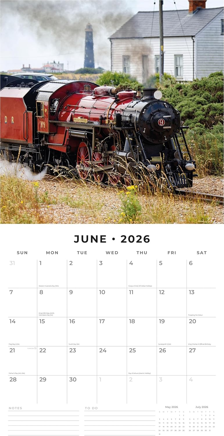 Red Robin 2026 Steam Trains Monthly Wall Calendar | 12" x 24" Open | Premium Thick & Sturdy Paper | Hangable 12 Month Calendar | Lined Notes & To Do Area | Vivid Images | Plastic Free