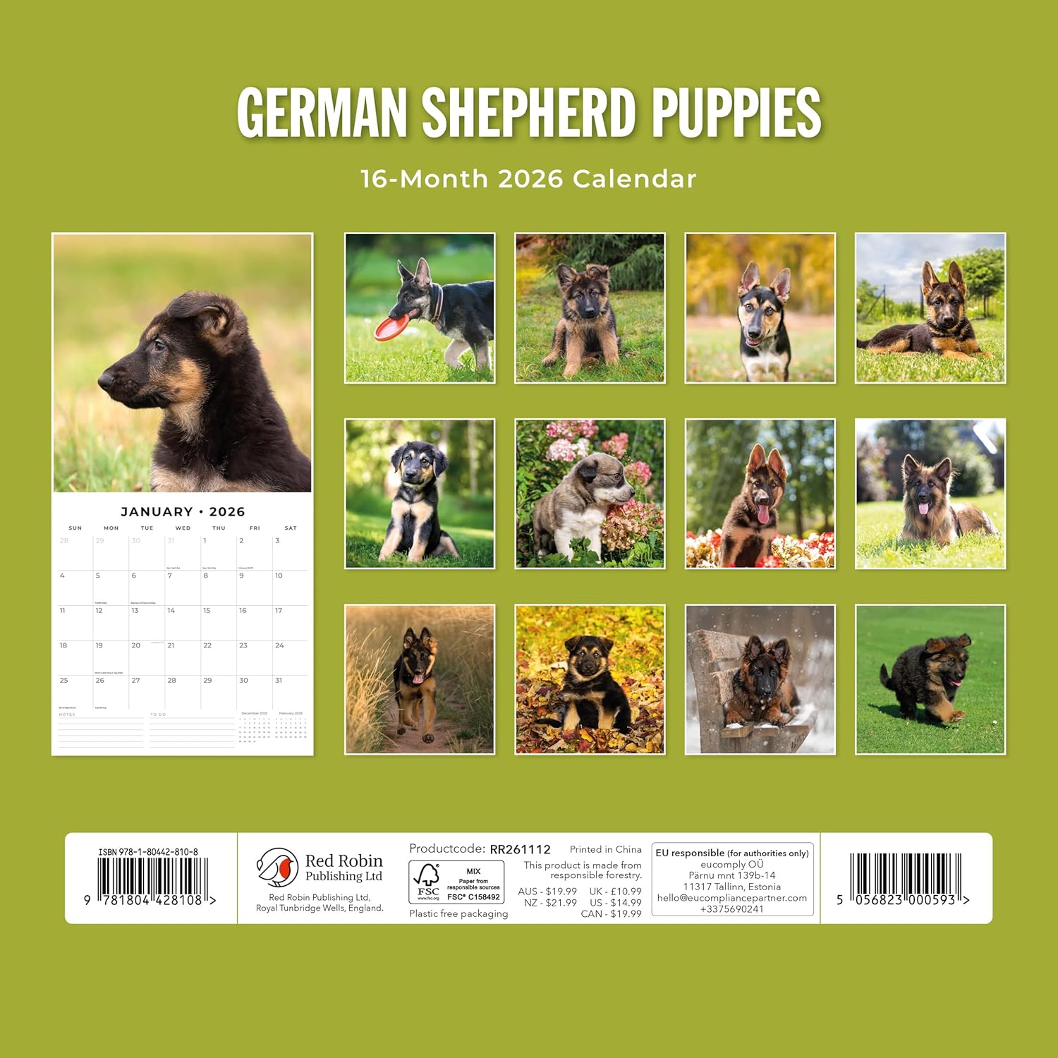 Red Robin 2026 German Shepherd Puppies Monthly Wall Calendar | 12" x 24" Open | Premium Thick & Sturdy Paper | Hangable 12 Month Calendar | Lined Notes & To Do Area | Vivid Images | Plastic Free