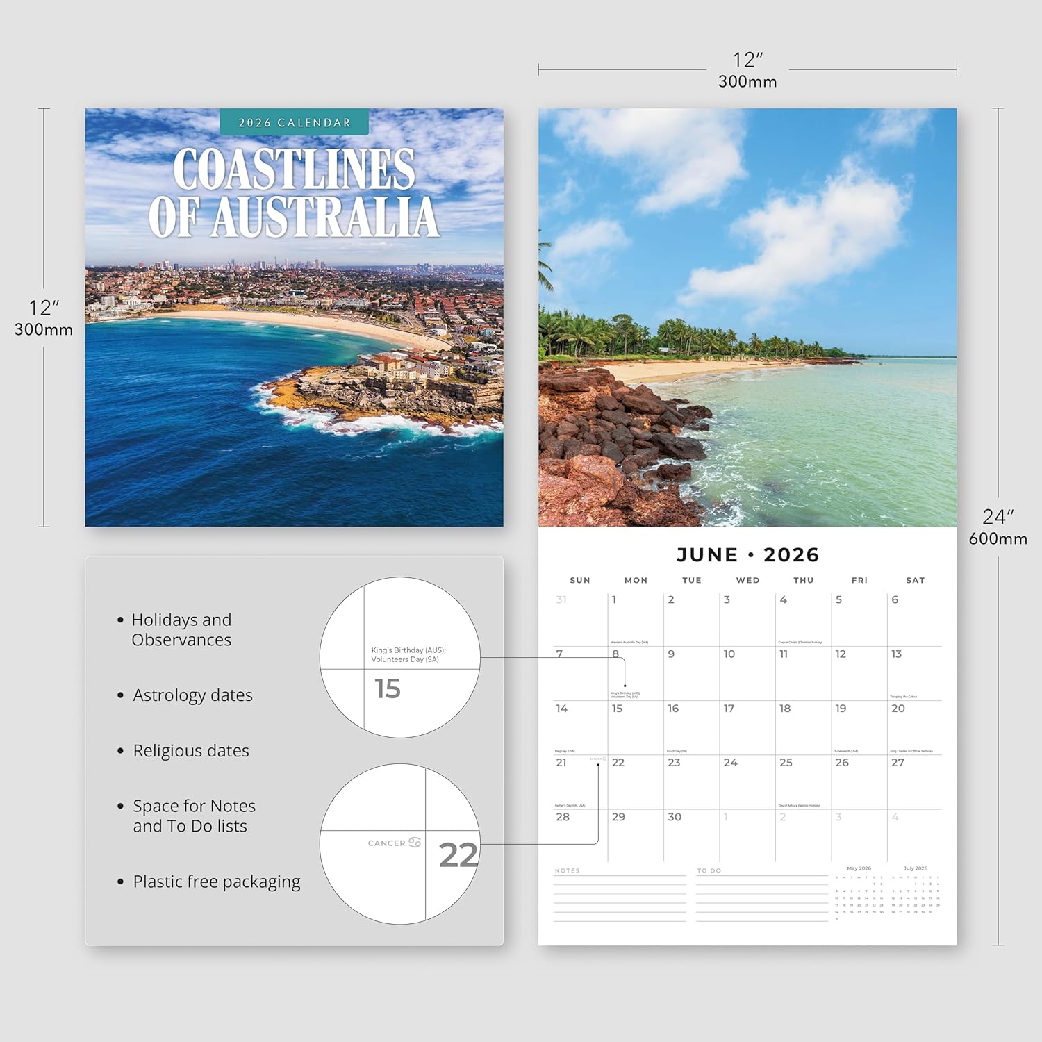 Red Robin 2026 Coastlines of Australia Monthly Wall Calendar | 12" x 24" Open | Premium Thick & Sturdy Paper | Hangable 12 Month Calendar | Lined Notes & To Do Area | Vivid Images | Plastic Free