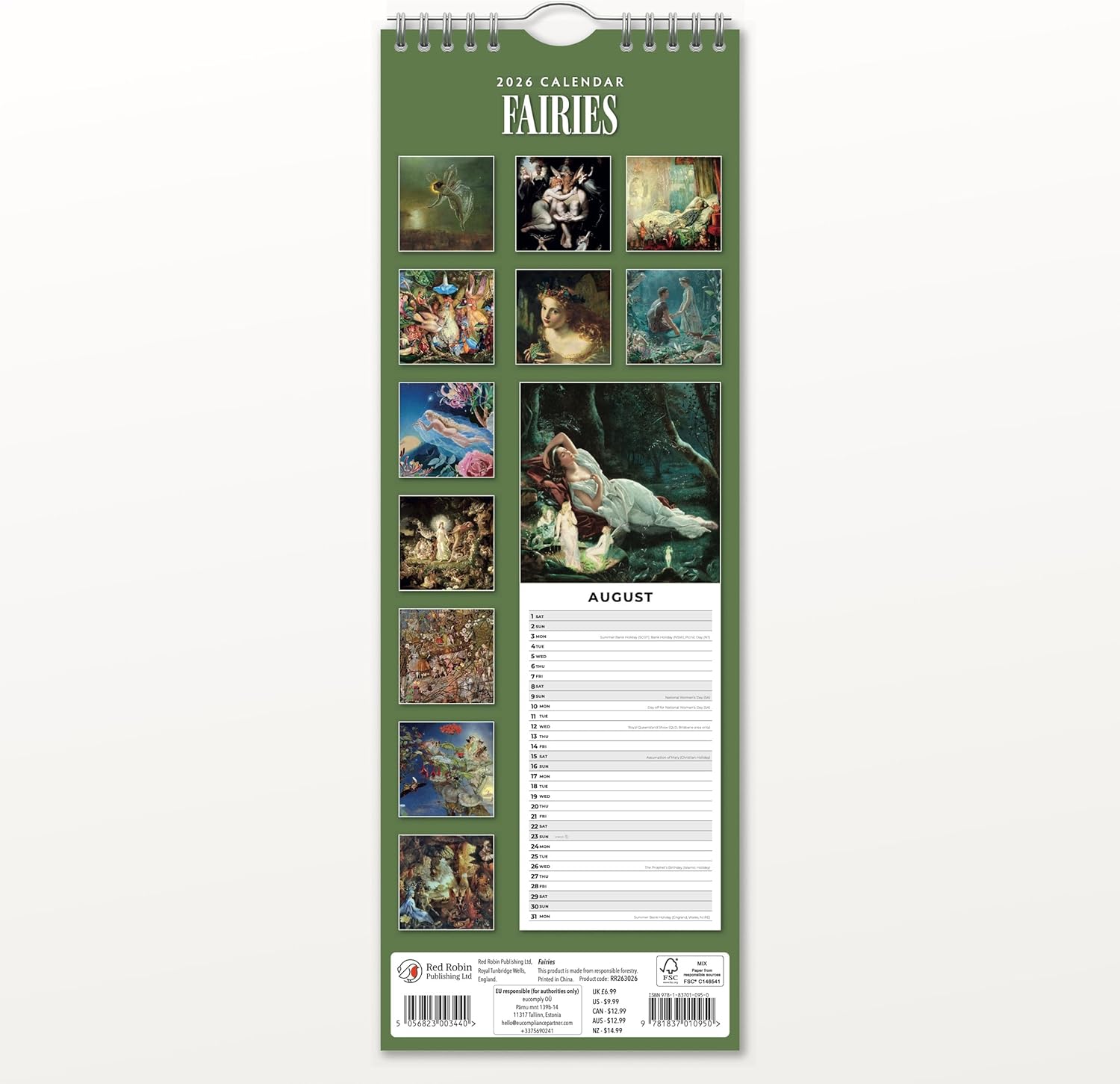 Red Robin 2026 Fairies Monthly Slim Calendar | 6" x 16" Open | Premium Thick & Sturdy Paper | Tall Hangable 12 Month Calendar | Vivid Images | Plastic Free | Wire Spiral