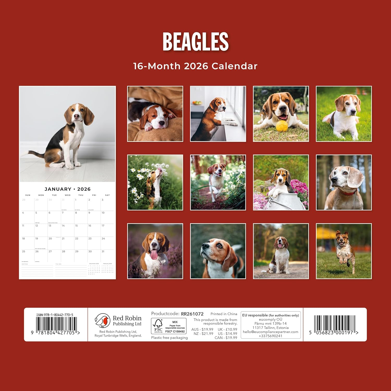 Red Robin 2026 Beagles Monthly Wall Calendar | 12" x 24" Open | Premium Thick & Sturdy Paper | Hangable 12 Month Calendar | Lined Notes & To Do Area | Vivid Images | Plastic Free