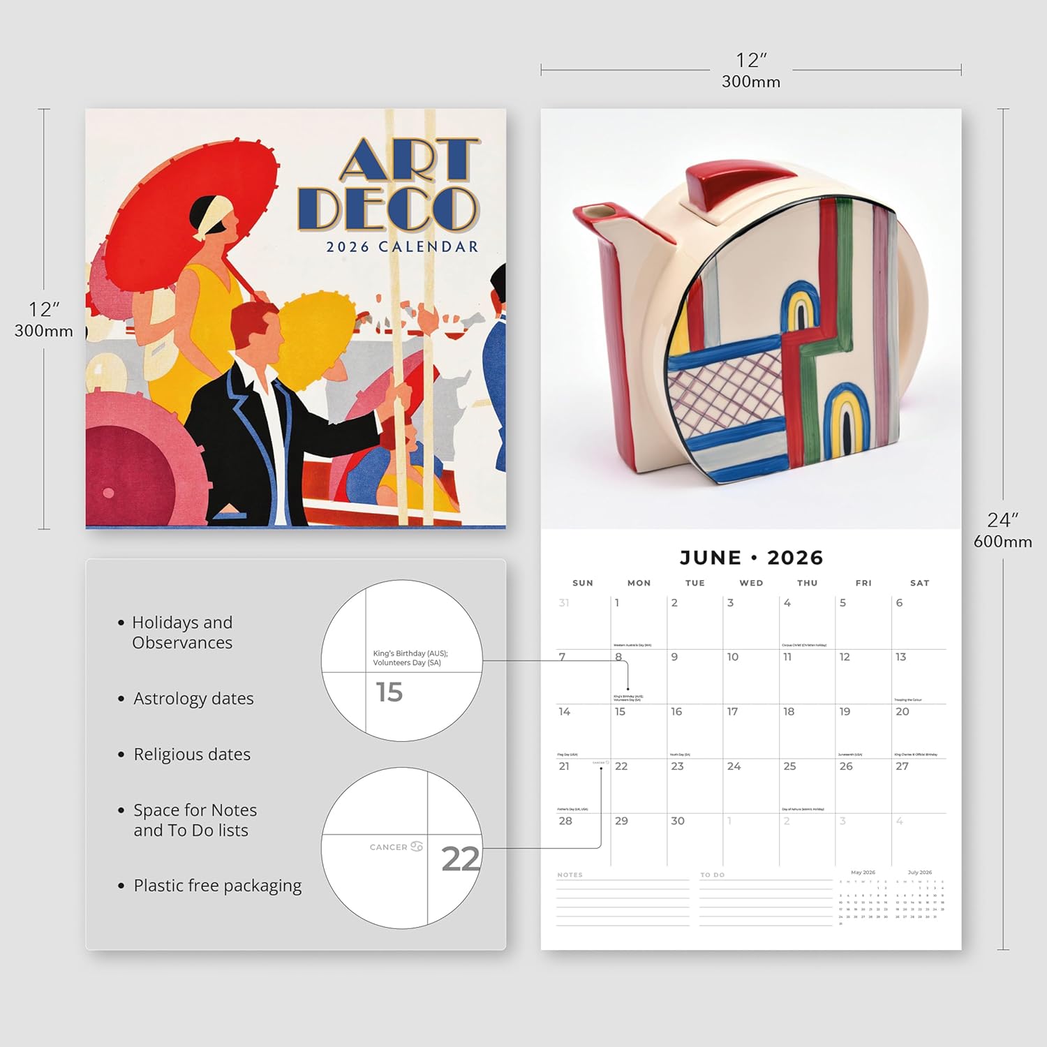 Red Robin 2026 Art Deco Monthly Wall Calendar | 12" x 24" Open | Premium Thick & Sturdy Paper | Hangable 12 Month Calendar | Lined Notes & To Do Area | Vivid Images | Plastic Free