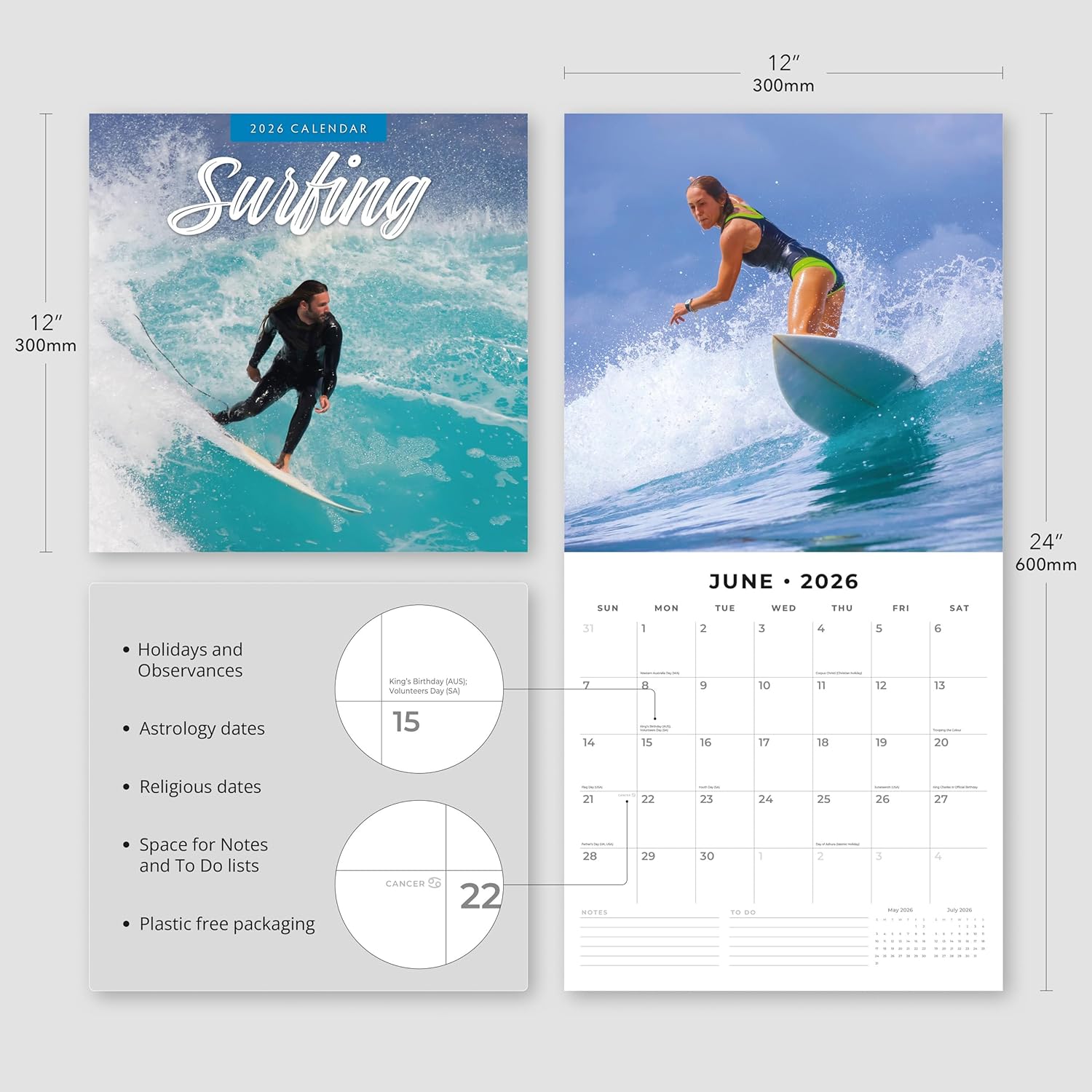 Red Robin 2026 Surfing Monthly Wall Calendar | 12" x 24" Open | Premium Thick & Sturdy Paper | Hangable 12 Month Calendar | Lined Notes & To Do Area | Vivid Images | Plastic Free