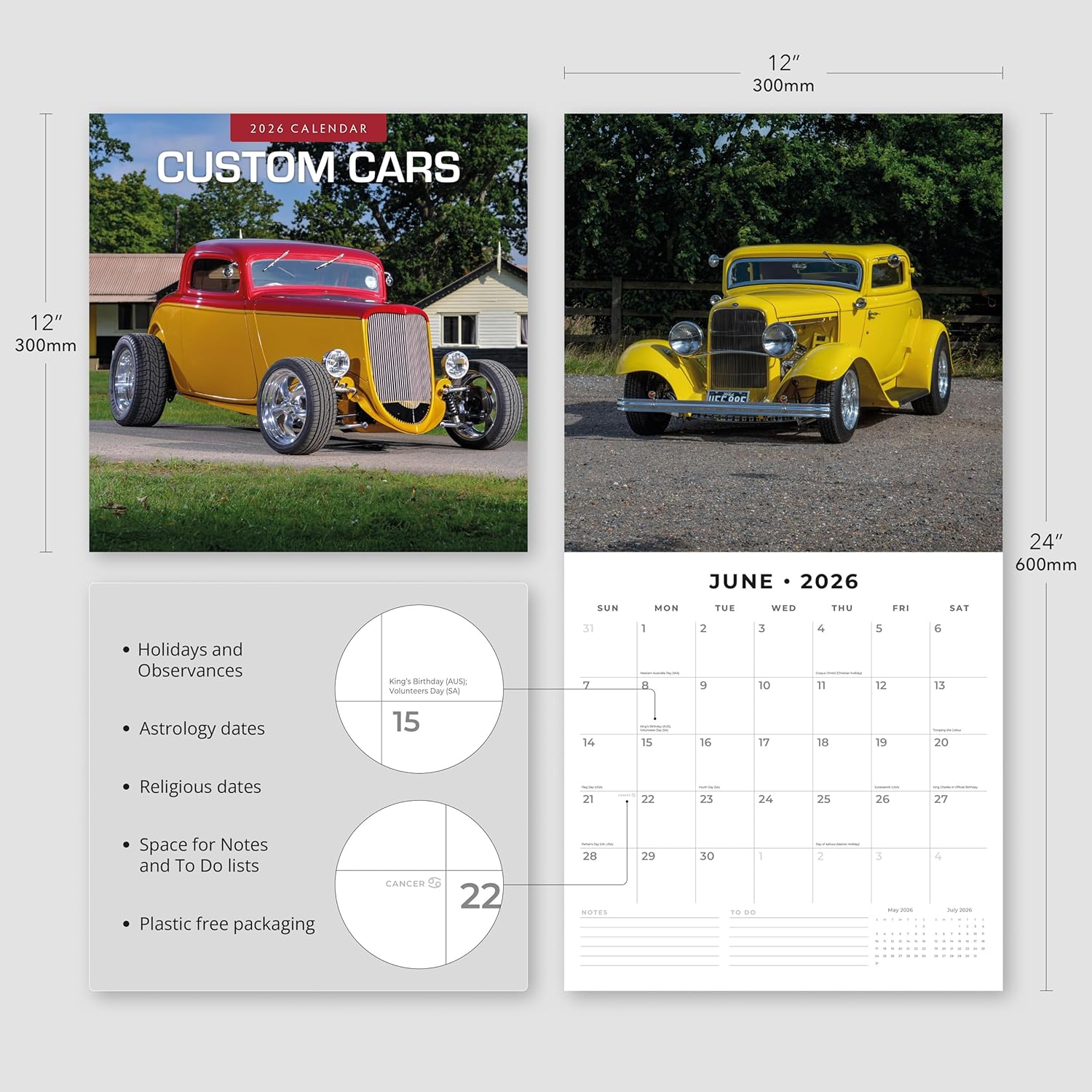 Red Robin 2026 Custom Cars Monthly Wall Calendar | 12" x 24" Open | Premium Thick & Sturdy Paper | Hangable 12 Month Calendar | Lined Notes & To Do Area | Vivid Images | Plastic Free