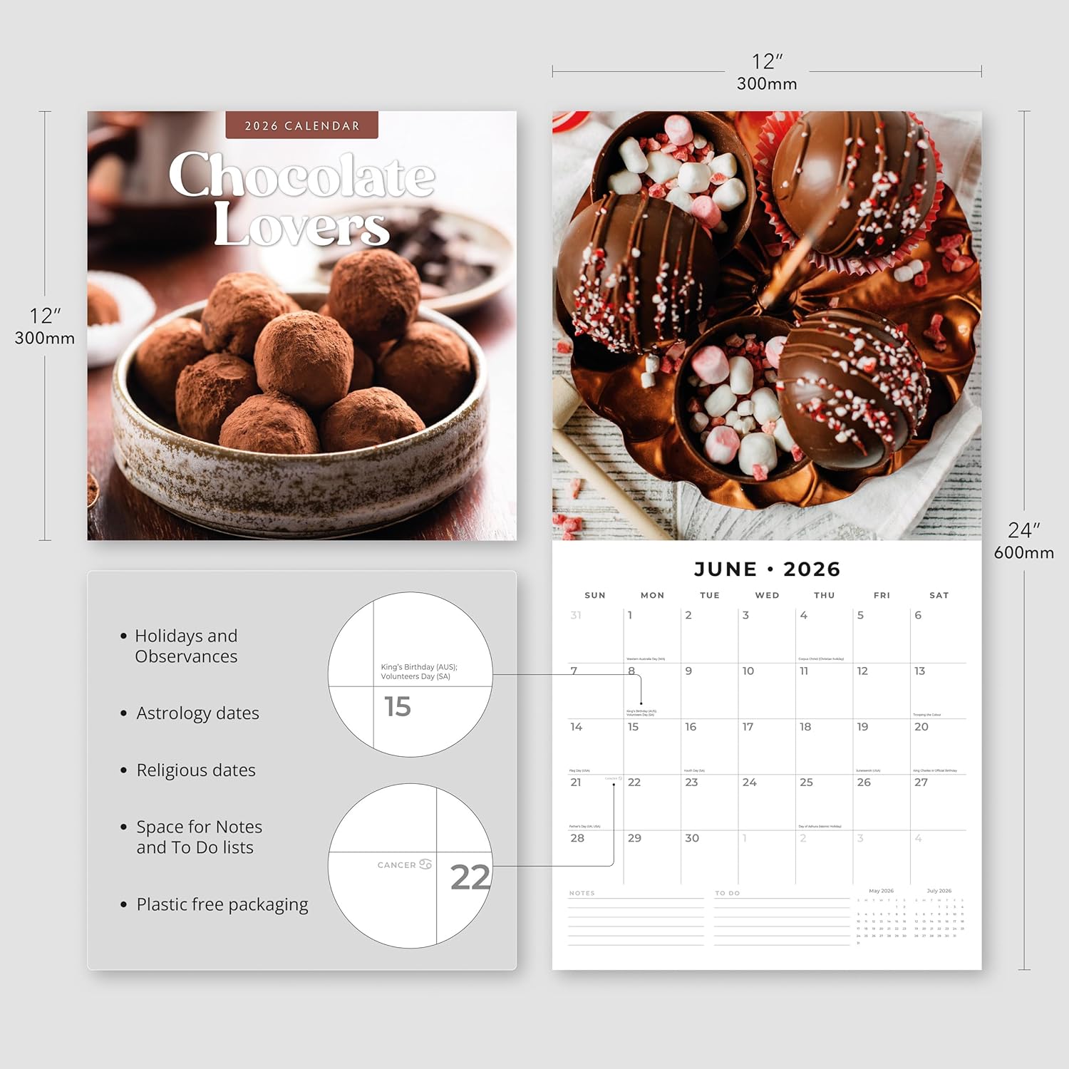 Red Robin 2026 Chocolate Lovers Monthly Wall Calendar | 12" x 24" Open | Premium Thick & Sturdy Paper | Hangable 12 Month Calendar | Lined Notes & To Do Area | Vivid Images | Plastic Free