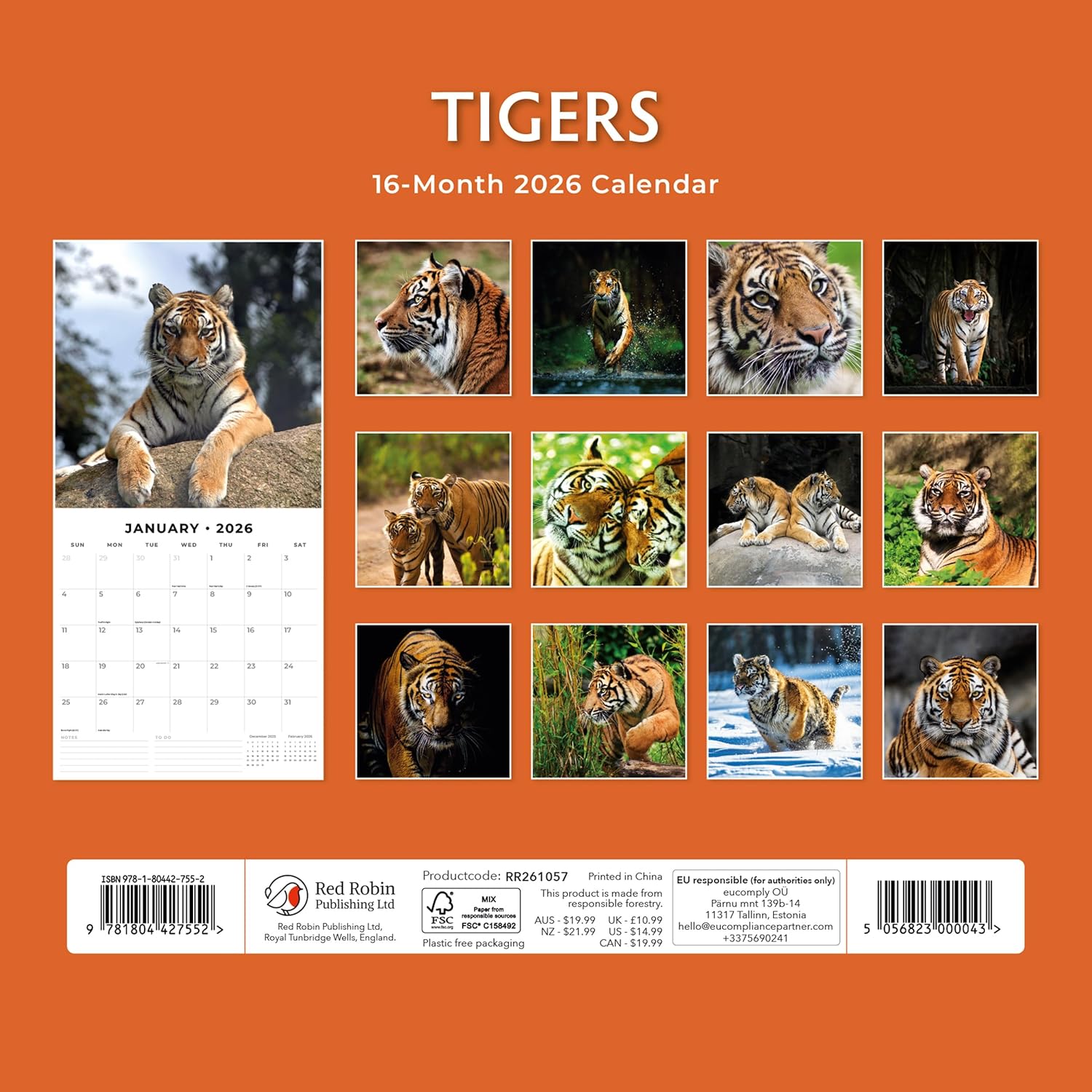 Red Robin 2026 Tigers Monthly Wall Calendar | 12" x 24" Open | Premium Thick & Sturdy Paper | Hangable 12 Month Calendar | Lined Notes & To Do Area | Vivid Images | Plastic Free