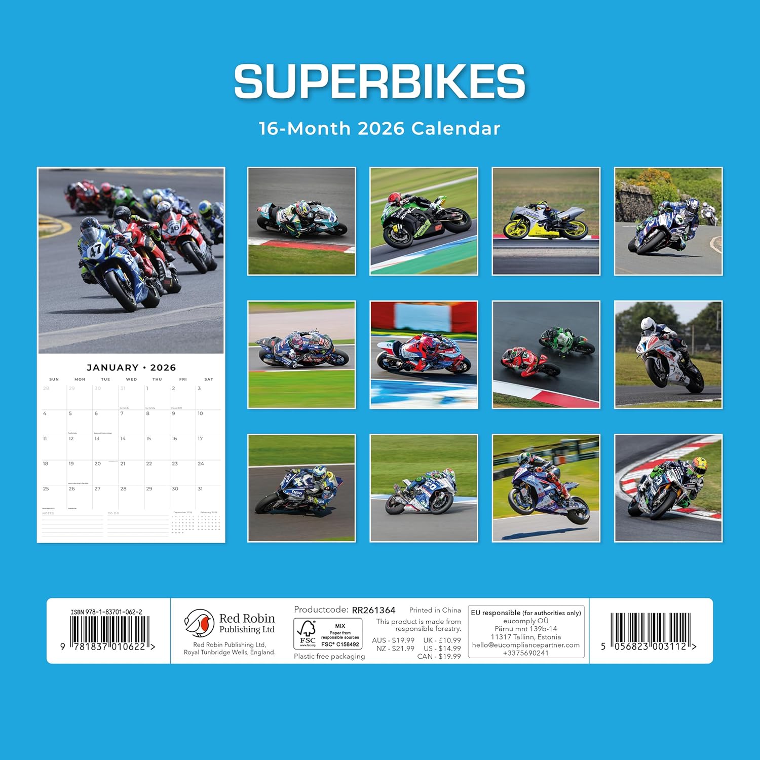 Red Robin 2026 Superbikes Monthly Wall Calendar | 12" x 24" Open | Premium Thick & Sturdy Paper | Hangable 12 Month Calendar | Lined Notes & To Do Area | Vivid Images | Plastic Free